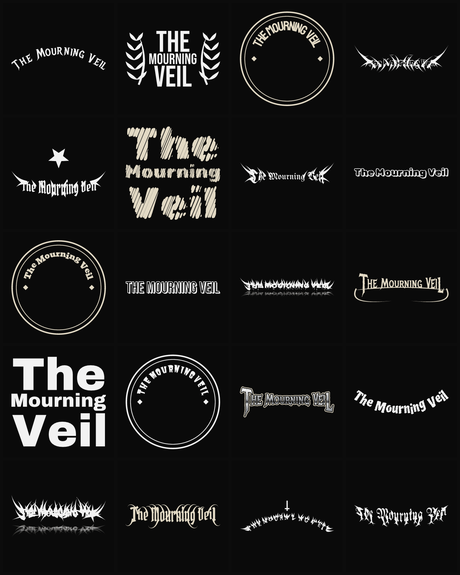 Twenty The Mourning Veil band logo ideas — different faces, treatments and spike settings