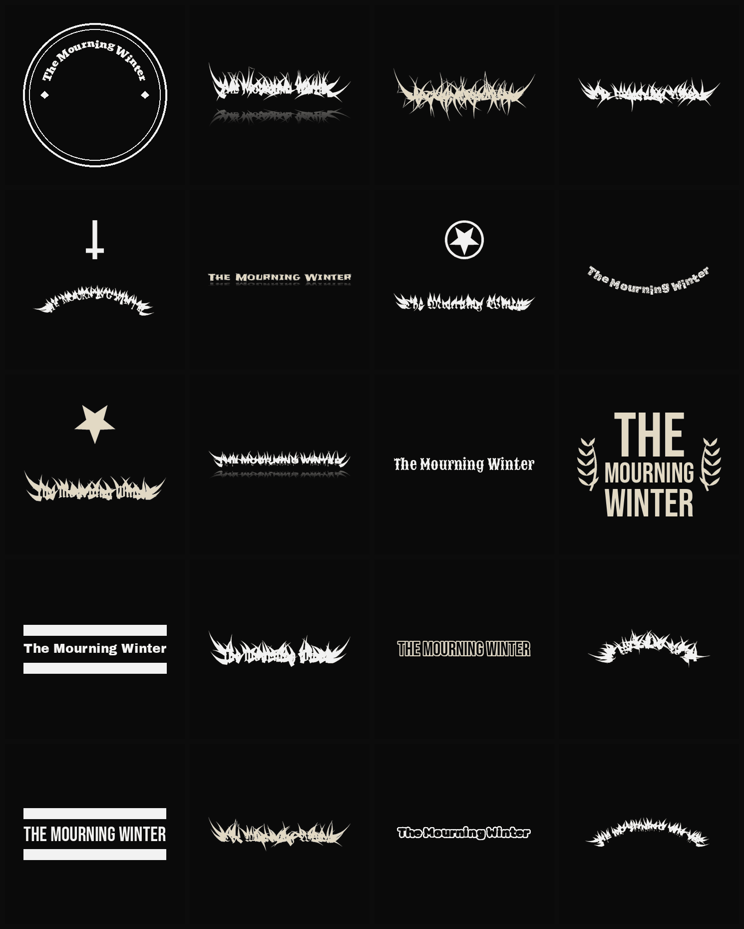Twenty The Mourning Winter band logo ideas — different faces, treatments and spike settings