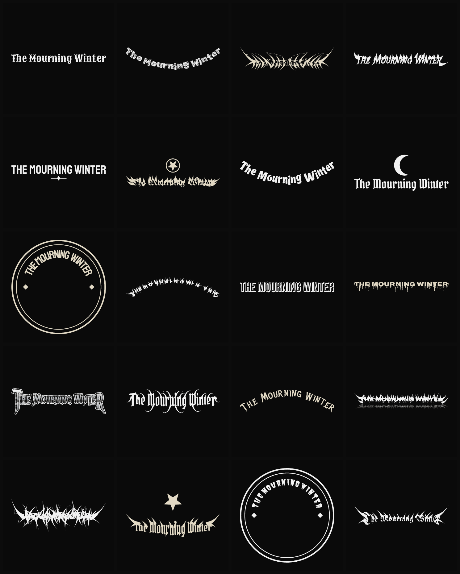 Twenty The Mourning Winter band logo ideas — different faces, treatments and spike settings