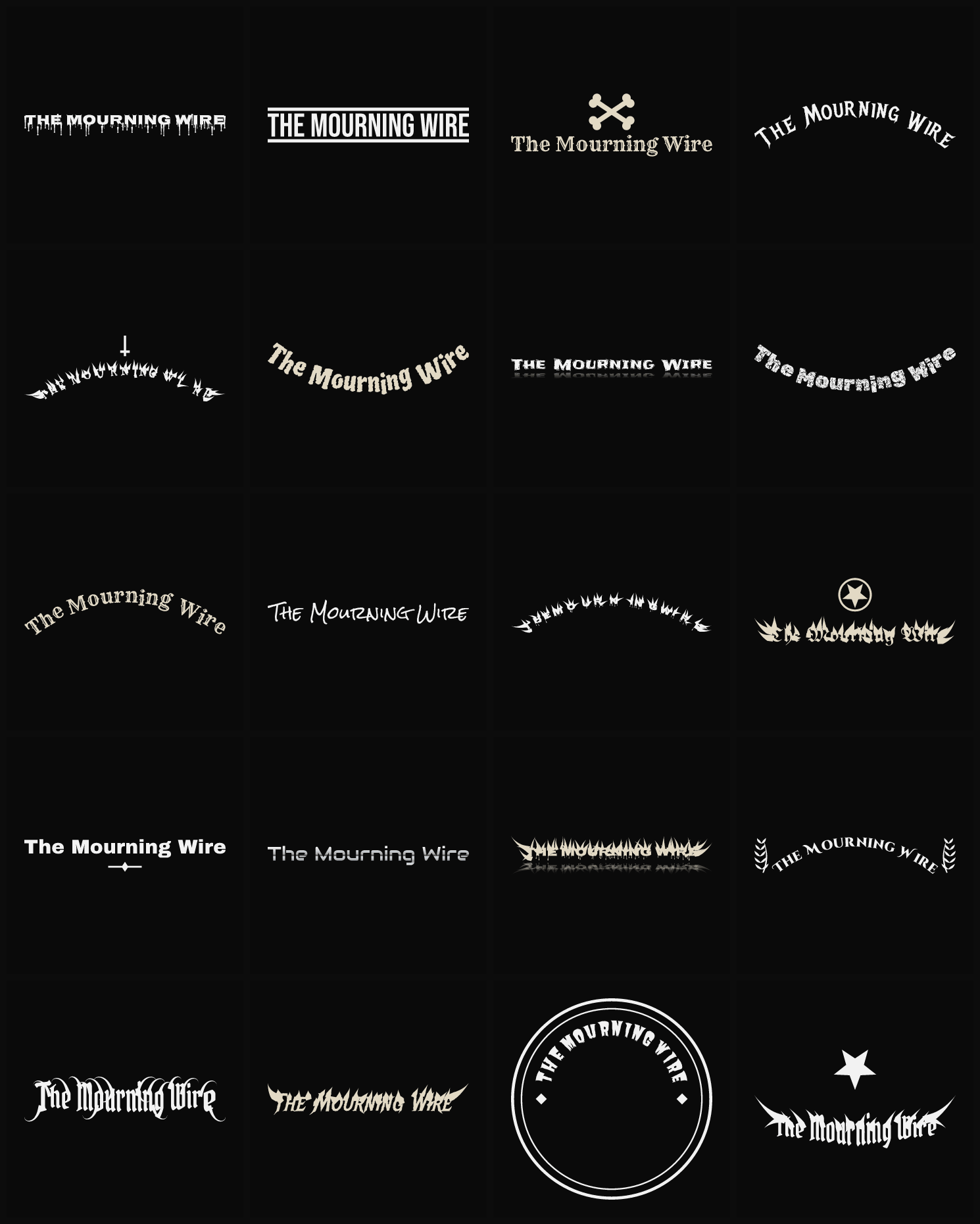 Twenty The Mourning Wire band logo ideas — different faces, treatments and spike settings