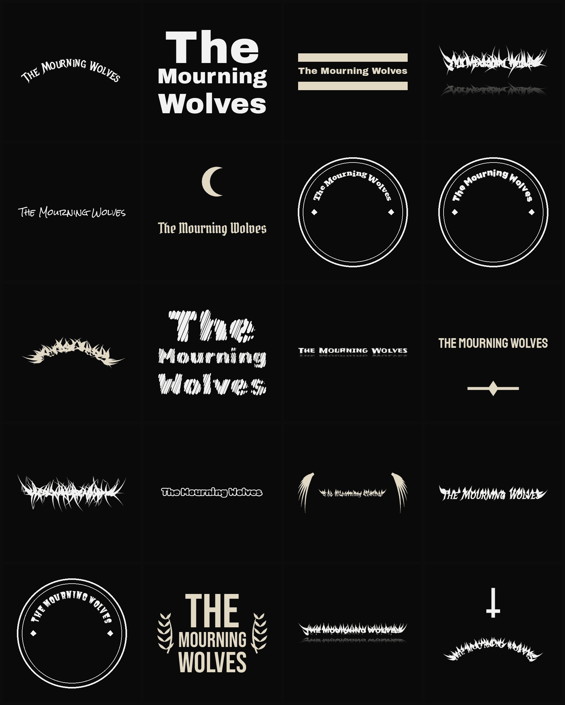 Twenty The Mourning Wolves band logo ideas — different faces, treatments and spike settings