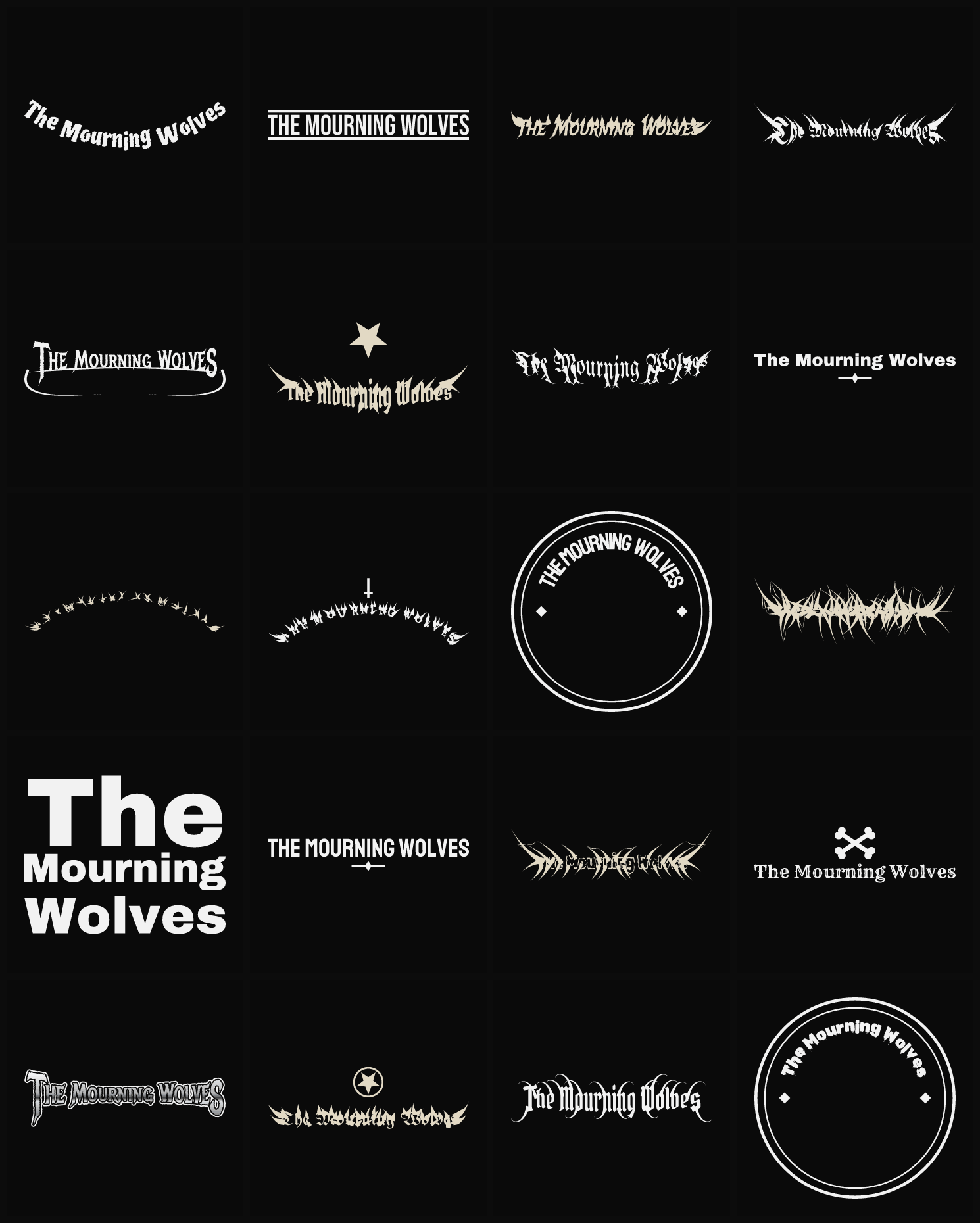 Twenty The Mourning Wolves band logo ideas — different faces, treatments and spike settings