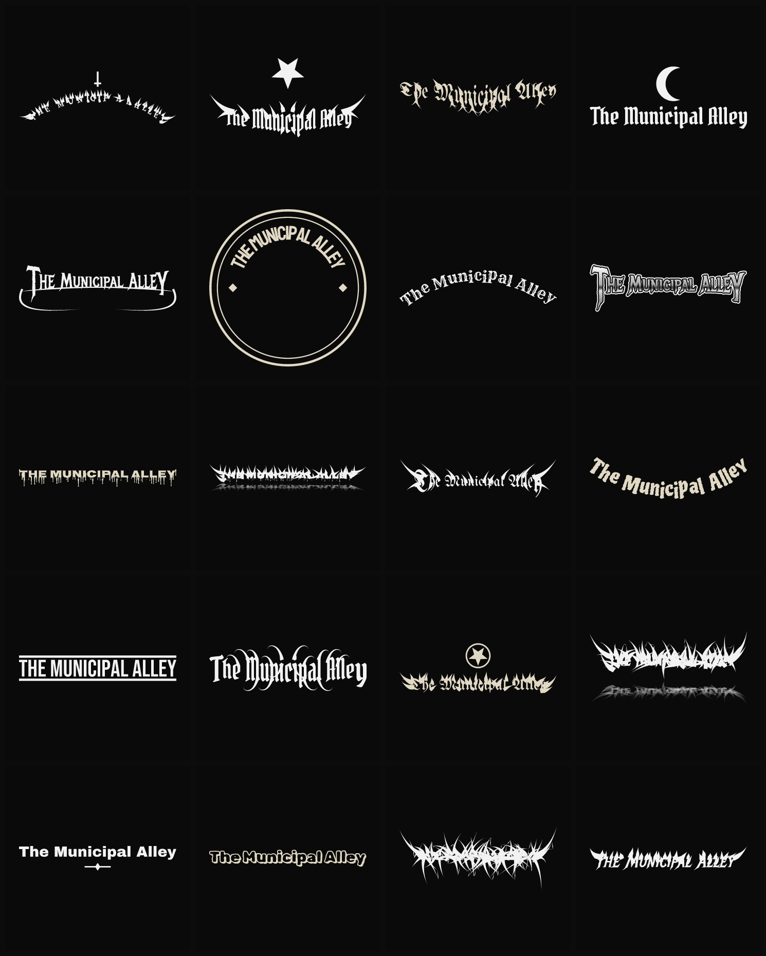 Twenty The Municipal Alley band logo ideas — different faces, treatments and spike settings