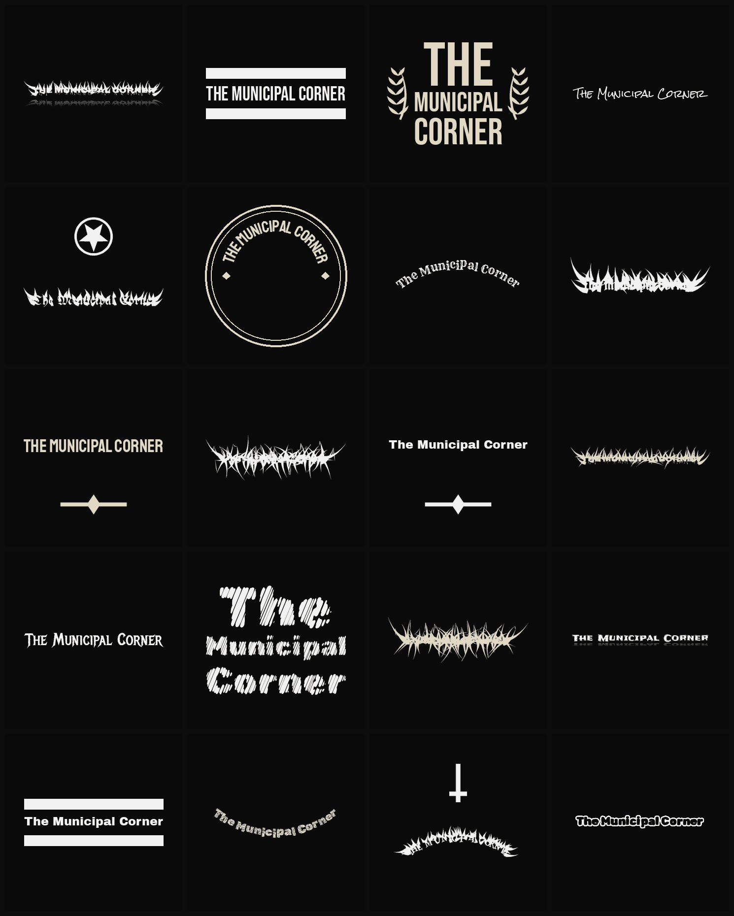 Twenty The Municipal Corner band logo ideas — different faces, treatments and spike settings