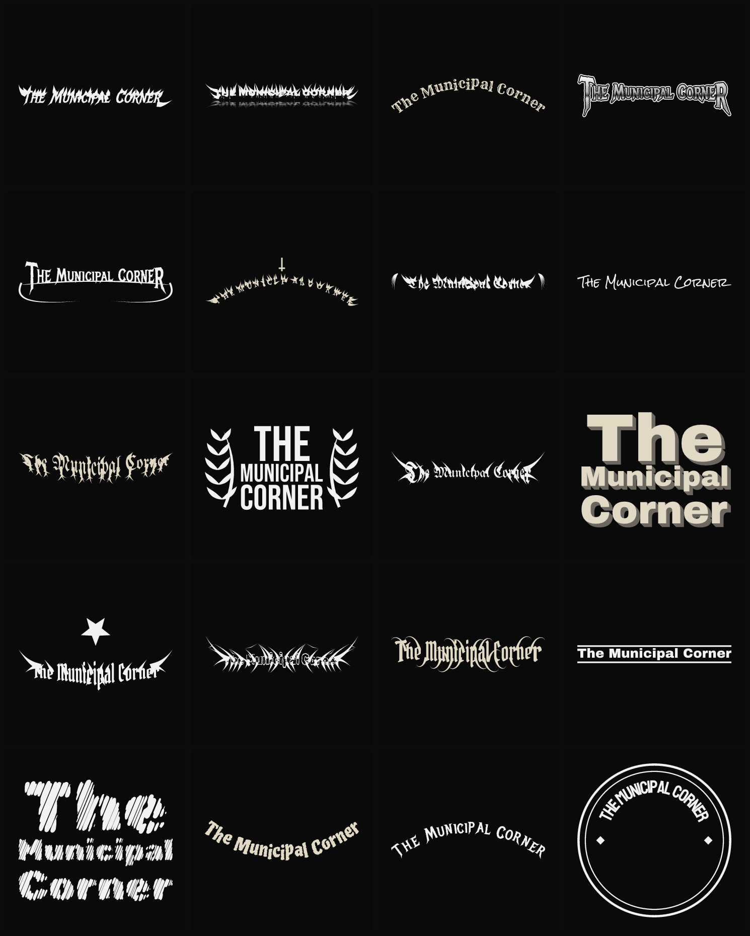 Twenty The Municipal Corner band logo ideas — different faces, treatments and spike settings