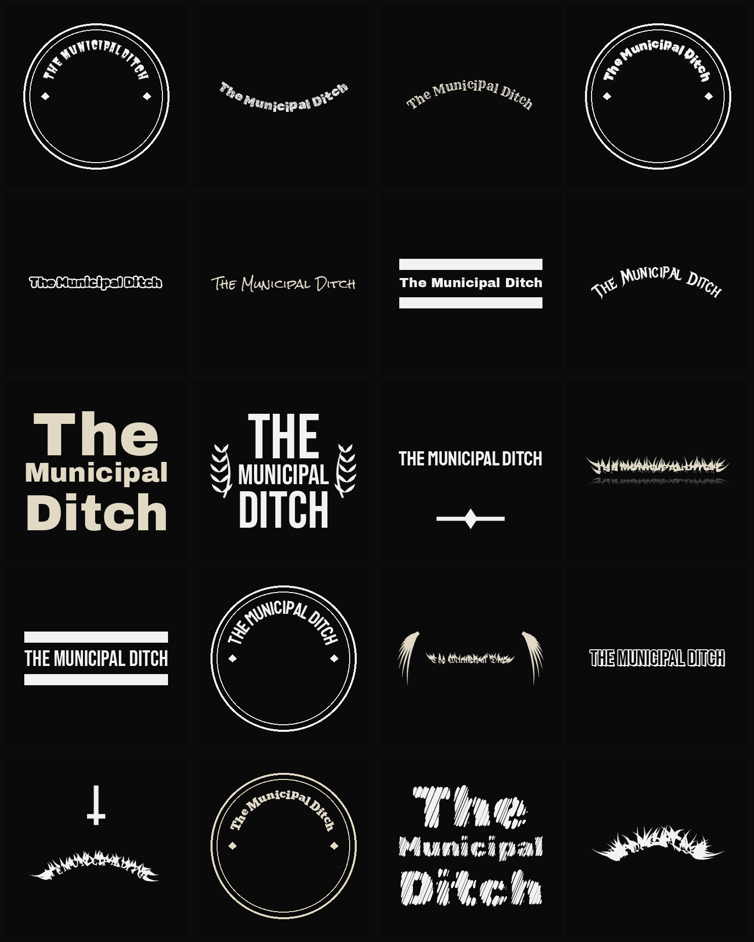 Twenty The Municipal Ditch band logo ideas — different faces, treatments and spike settings