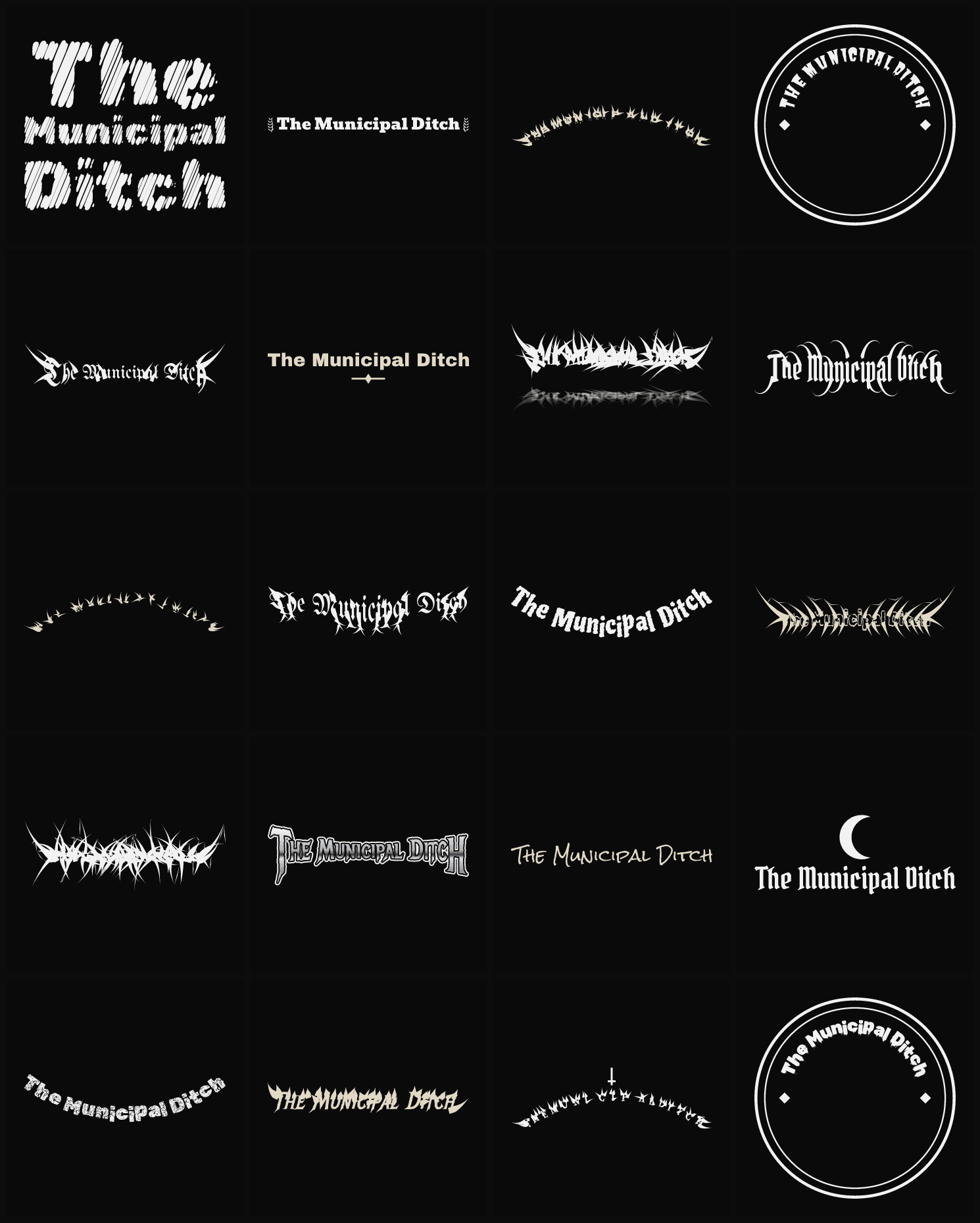 Twenty The Municipal Ditch band logo ideas — different faces, treatments and spike settings