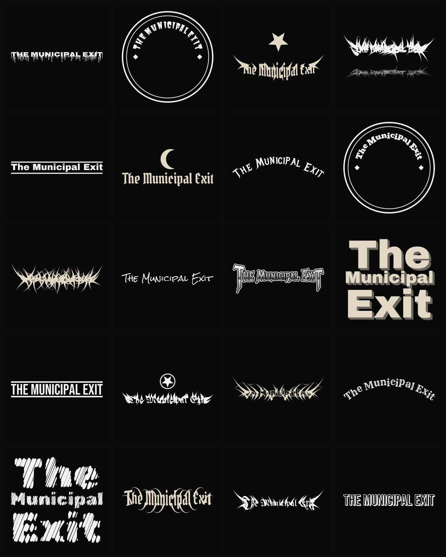 Twenty The Municipal Exit band logo ideas — different faces, treatments and spike settings