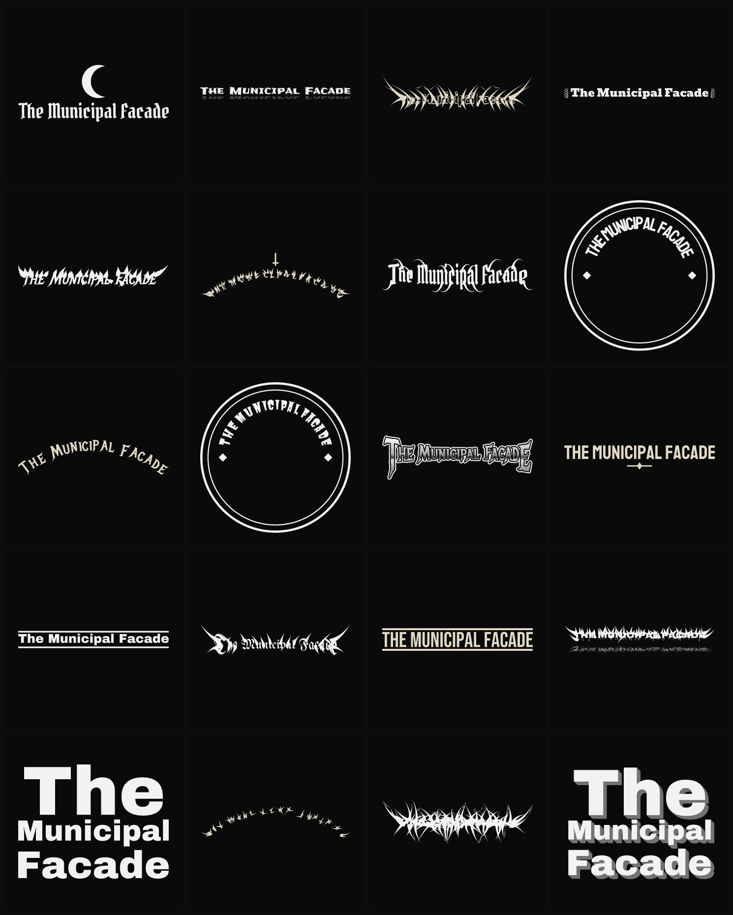 Twenty The Municipal Facade band logo ideas — different faces, treatments and spike settings