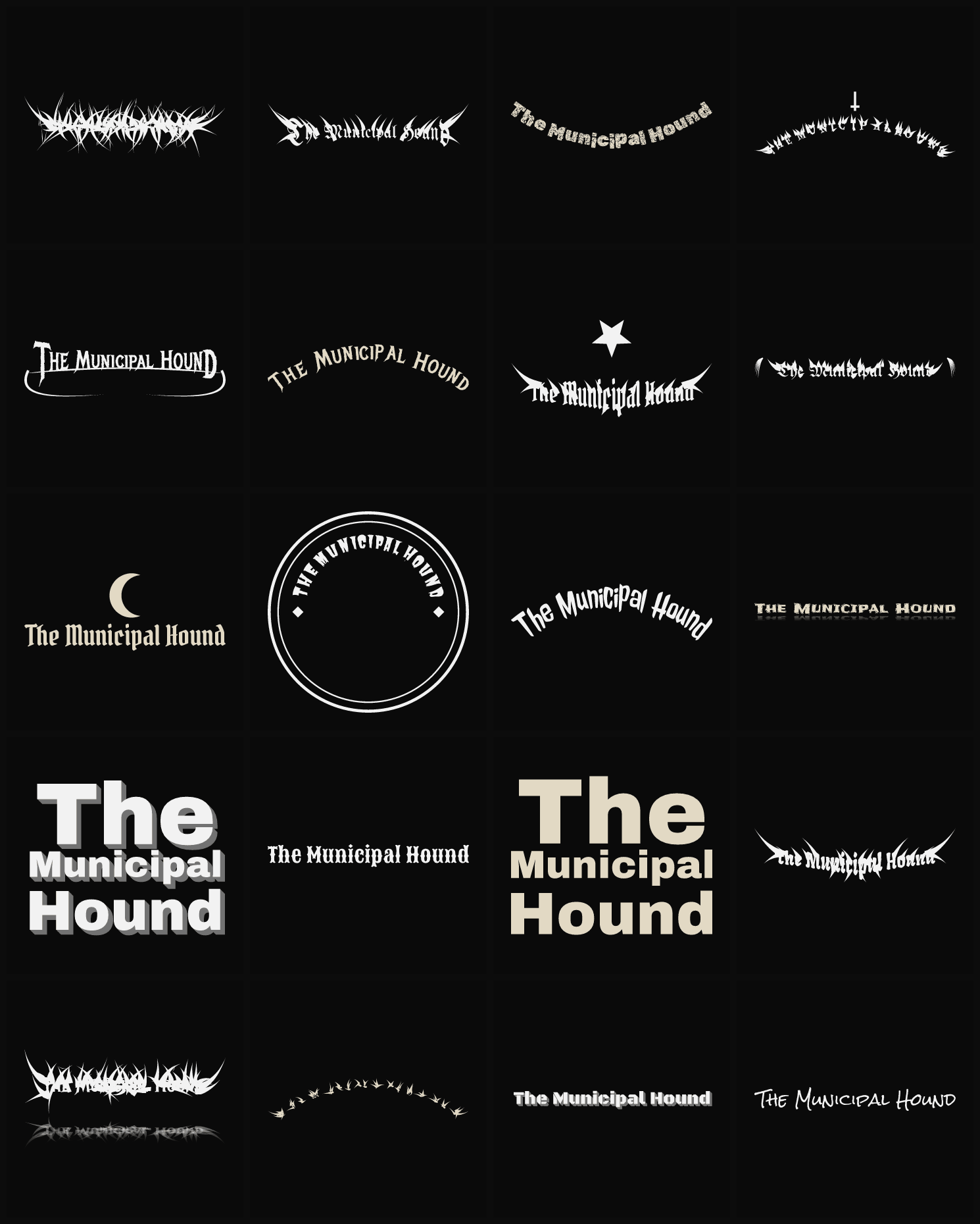 Twenty The Municipal Hound band logo ideas — different faces, treatments and spike settings