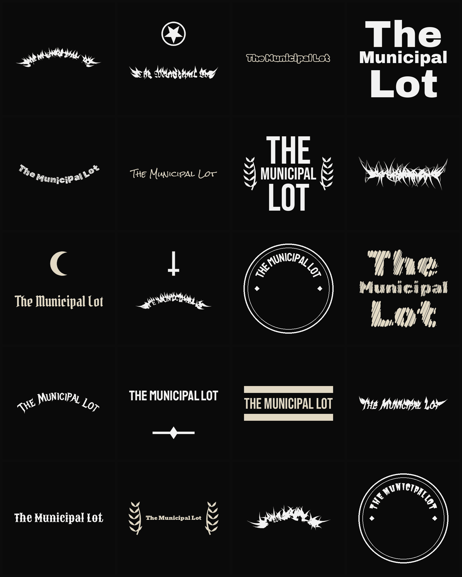 Twenty The Municipal Lot band logo ideas — different faces, treatments and spike settings
