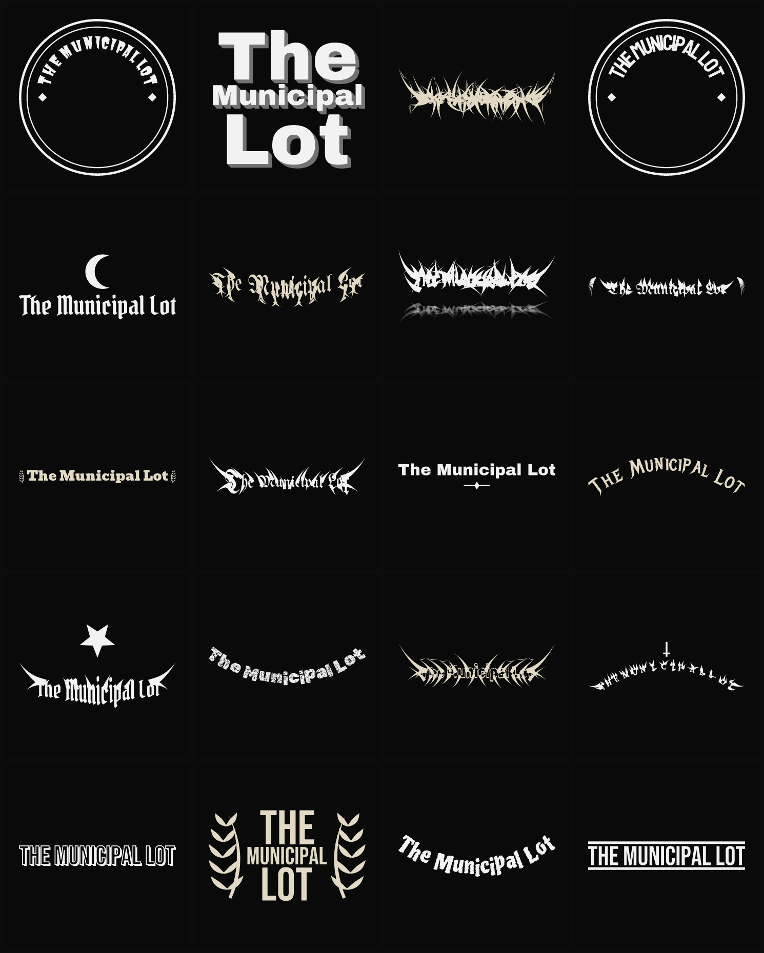 Twenty The Municipal Lot band logo ideas — different faces, treatments and spike settings