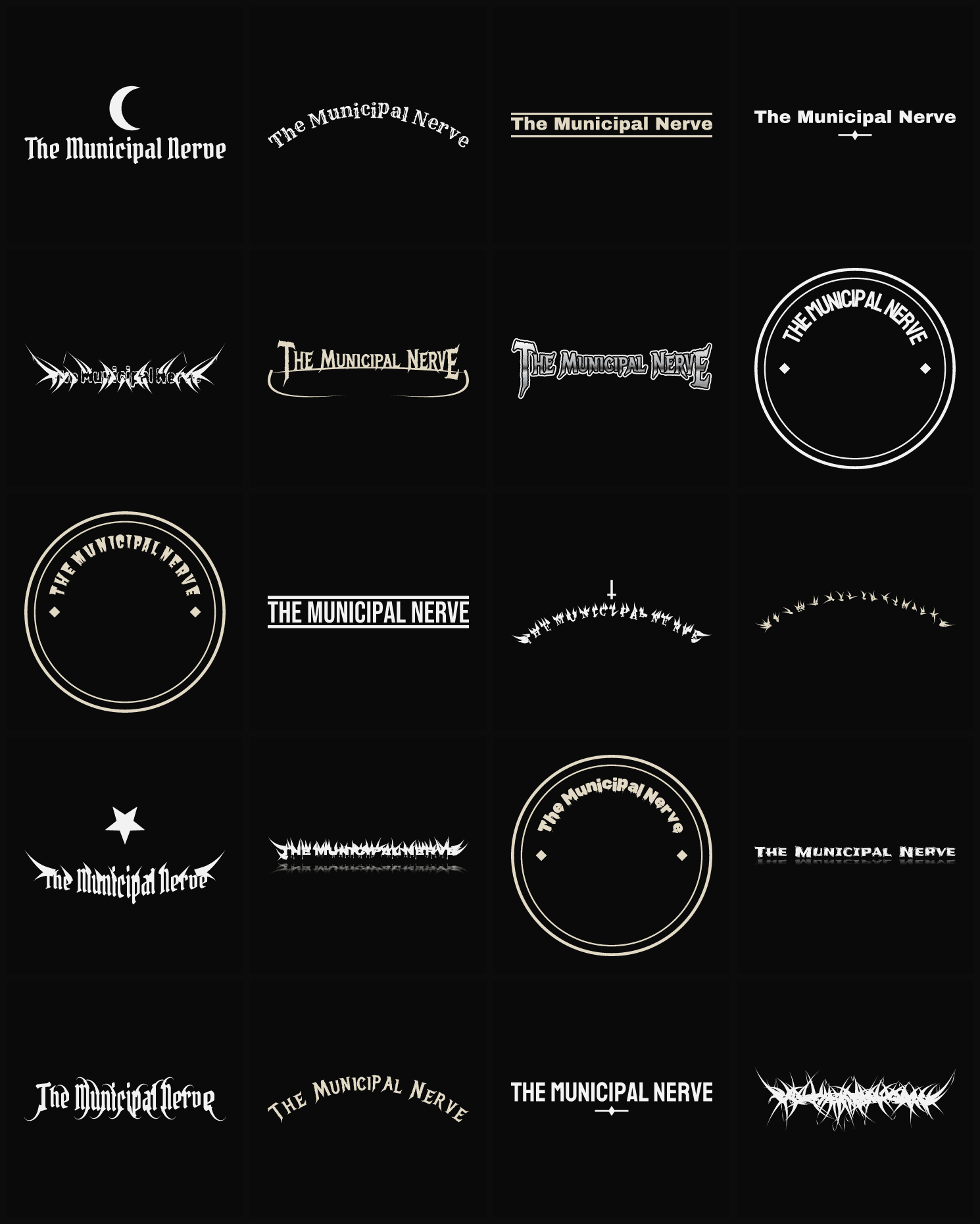 Twenty The Municipal Nerve band logo ideas — different faces, treatments and spike settings