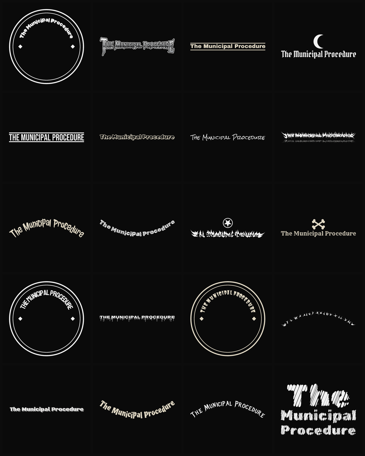 Twenty The Municipal Procedure band logo ideas — different faces, treatments and spike settings