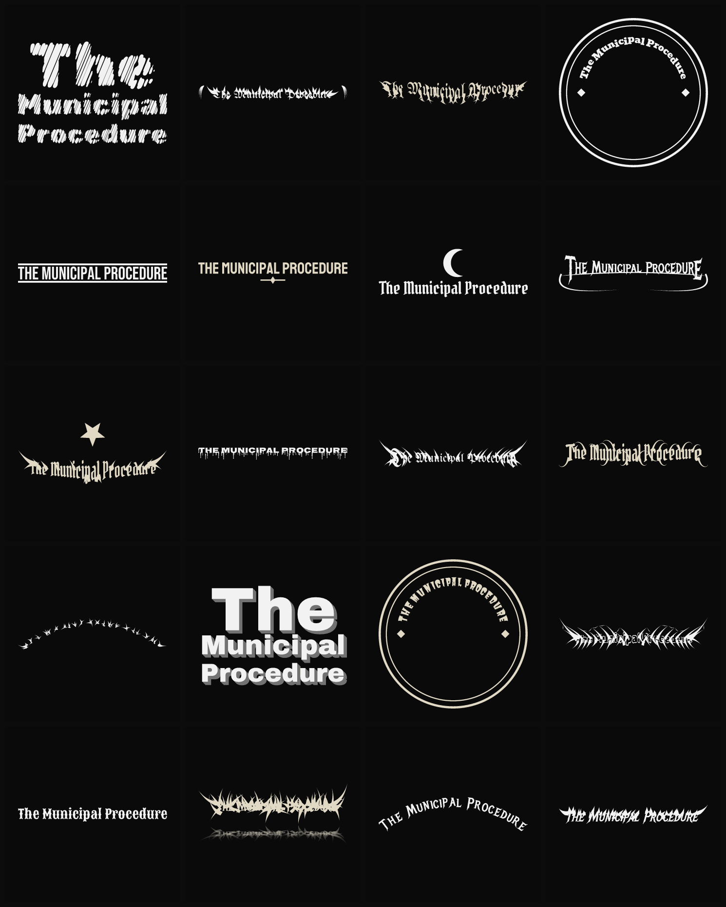 Twenty The Municipal Procedure band logo ideas — different faces, treatments and spike settings