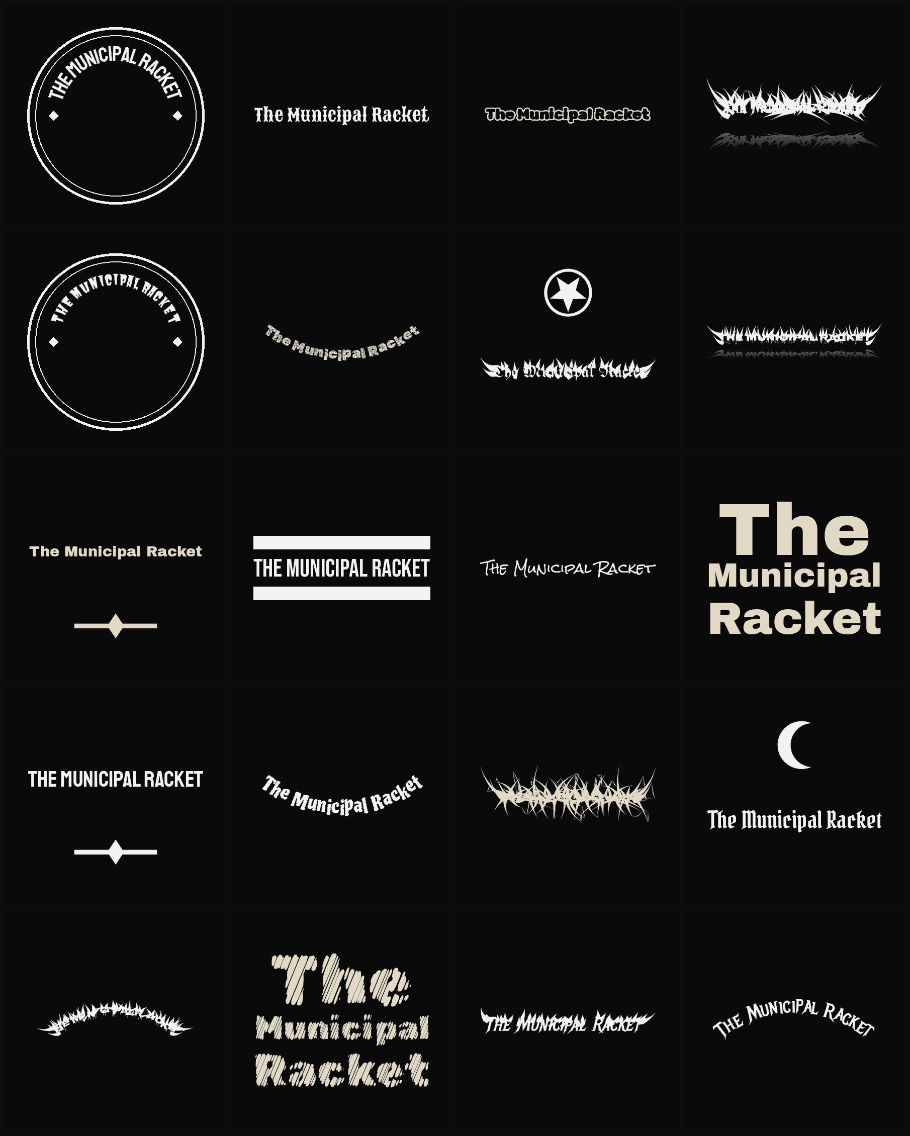 Twenty The Municipal Racket band logo ideas — different faces, treatments and spike settings