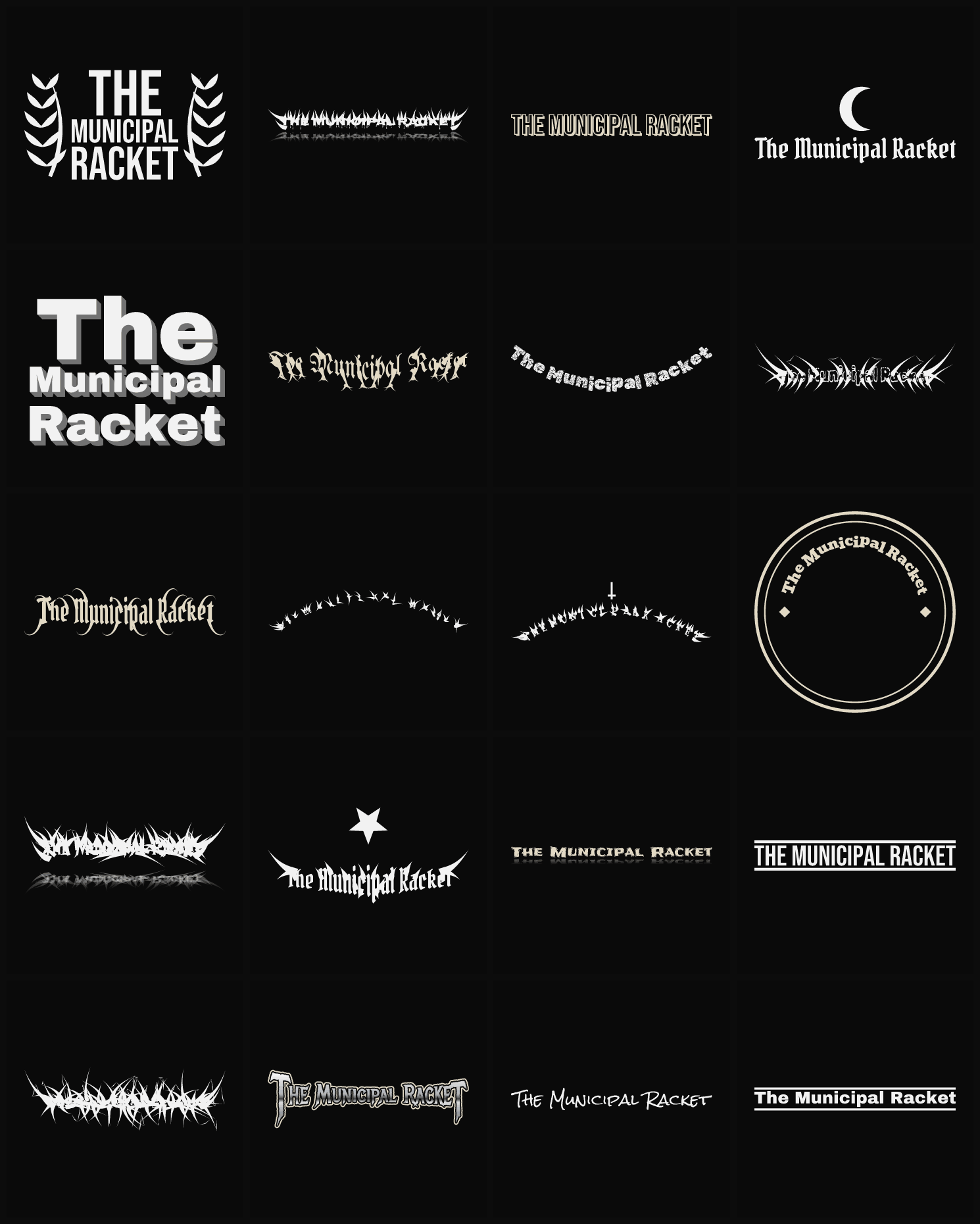 Twenty The Municipal Racket band logo ideas — different faces, treatments and spike settings