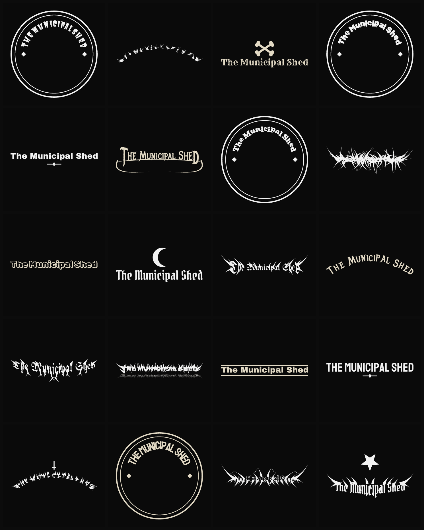 Twenty The Municipal Shed band logo ideas — different faces, treatments and spike settings
