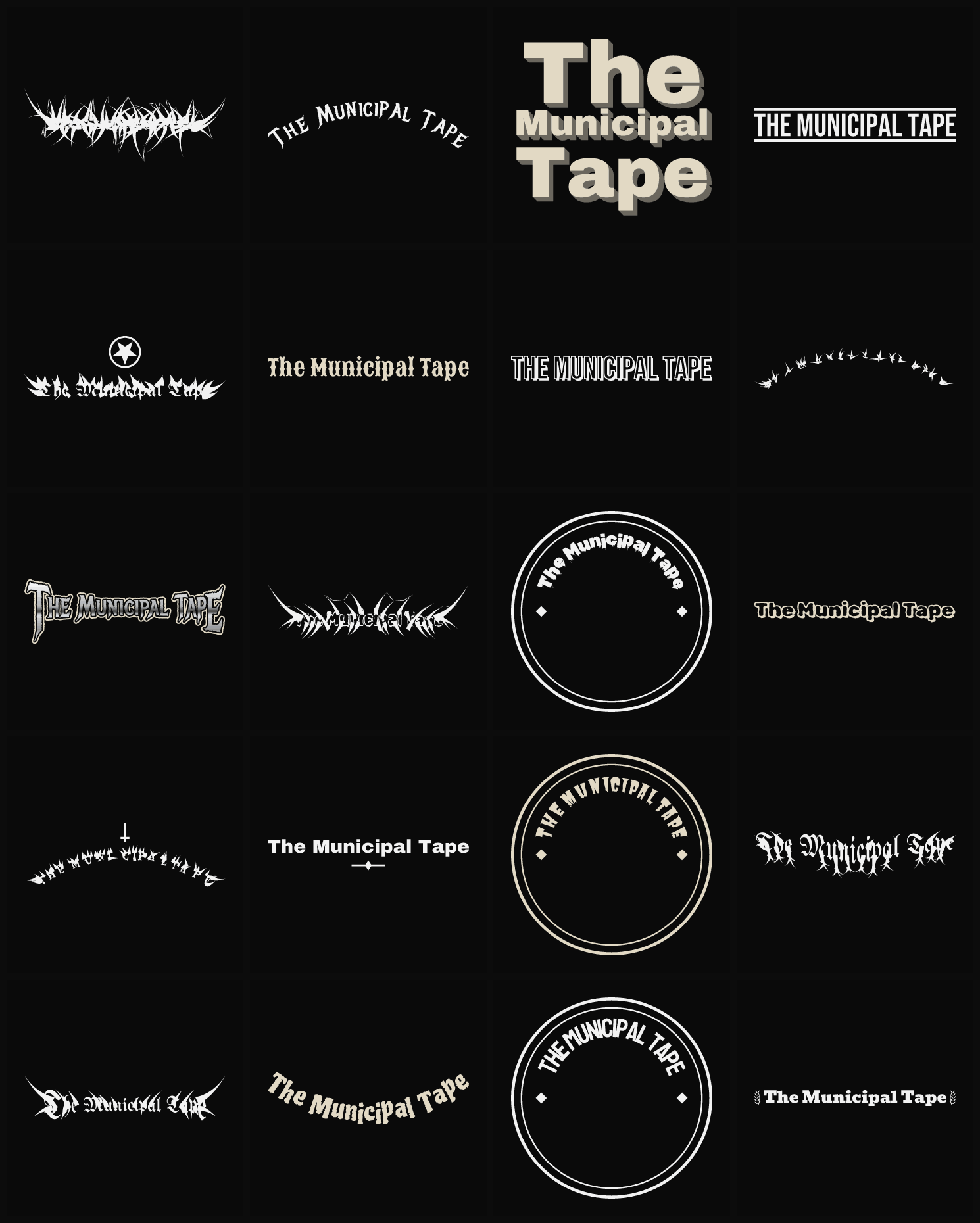 Twenty The Municipal Tape band logo ideas — different faces, treatments and spike settings