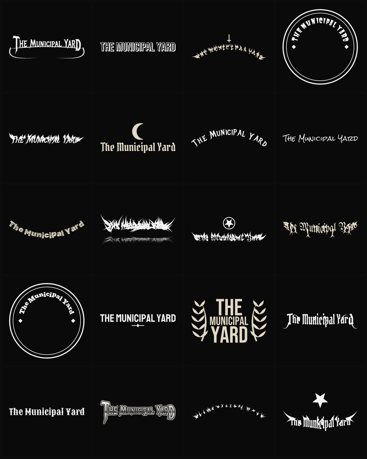 Twenty The Municipal Yard band logo ideas — different faces, treatments and spike settings