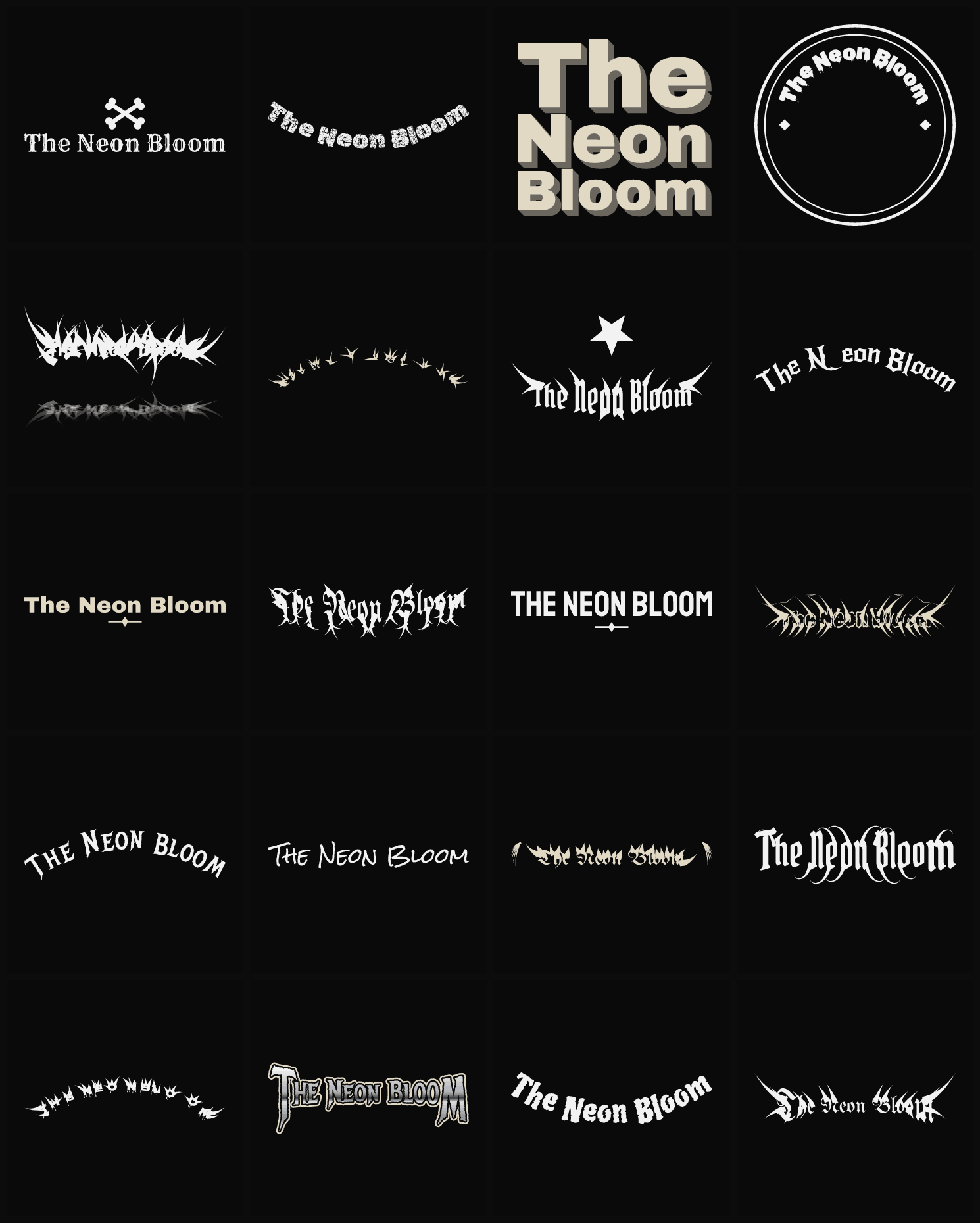 Twenty The Neon Bloom band logo ideas — different faces, treatments and spike settings