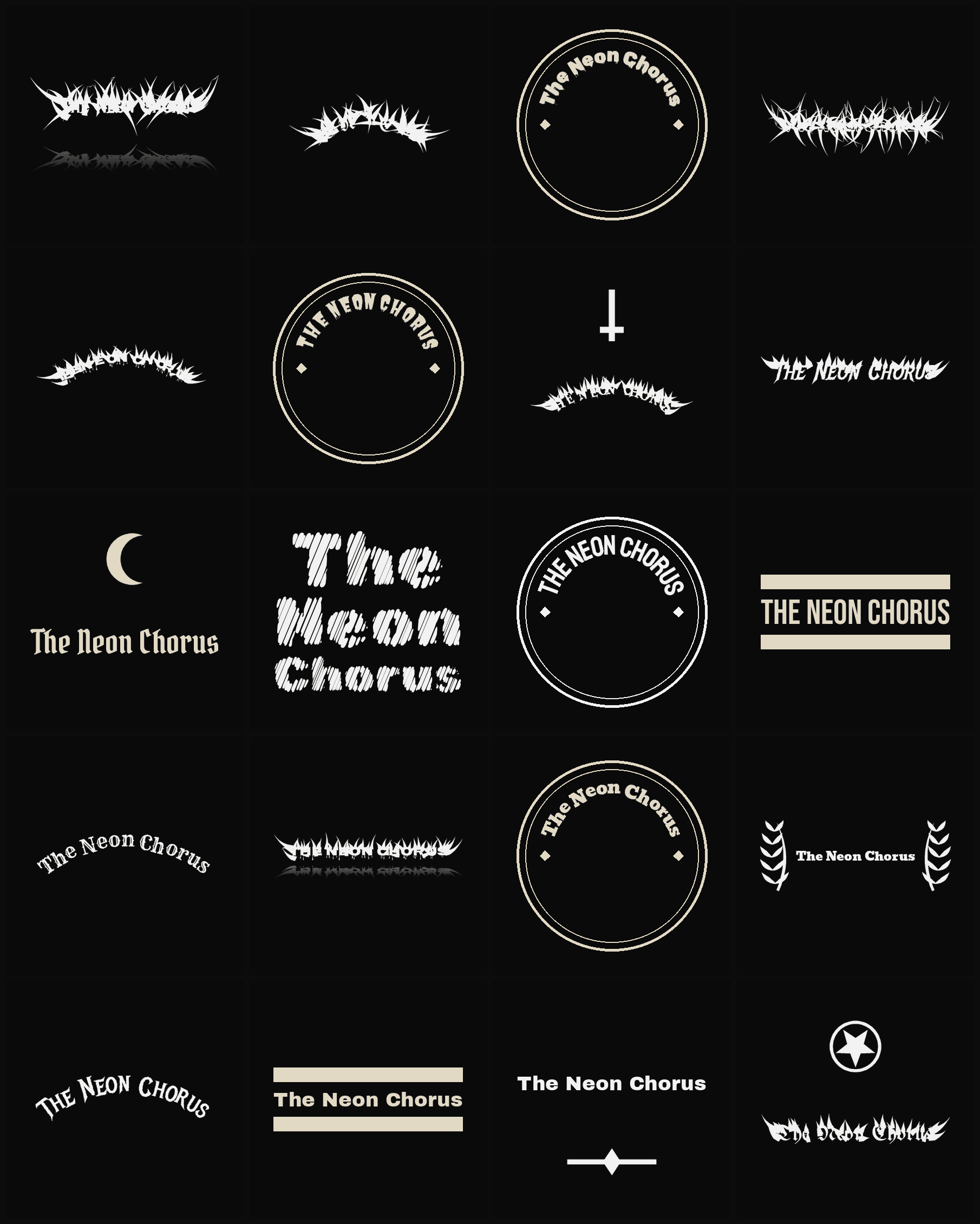 Twenty The Neon Chorus band logo ideas — different faces, treatments and spike settings