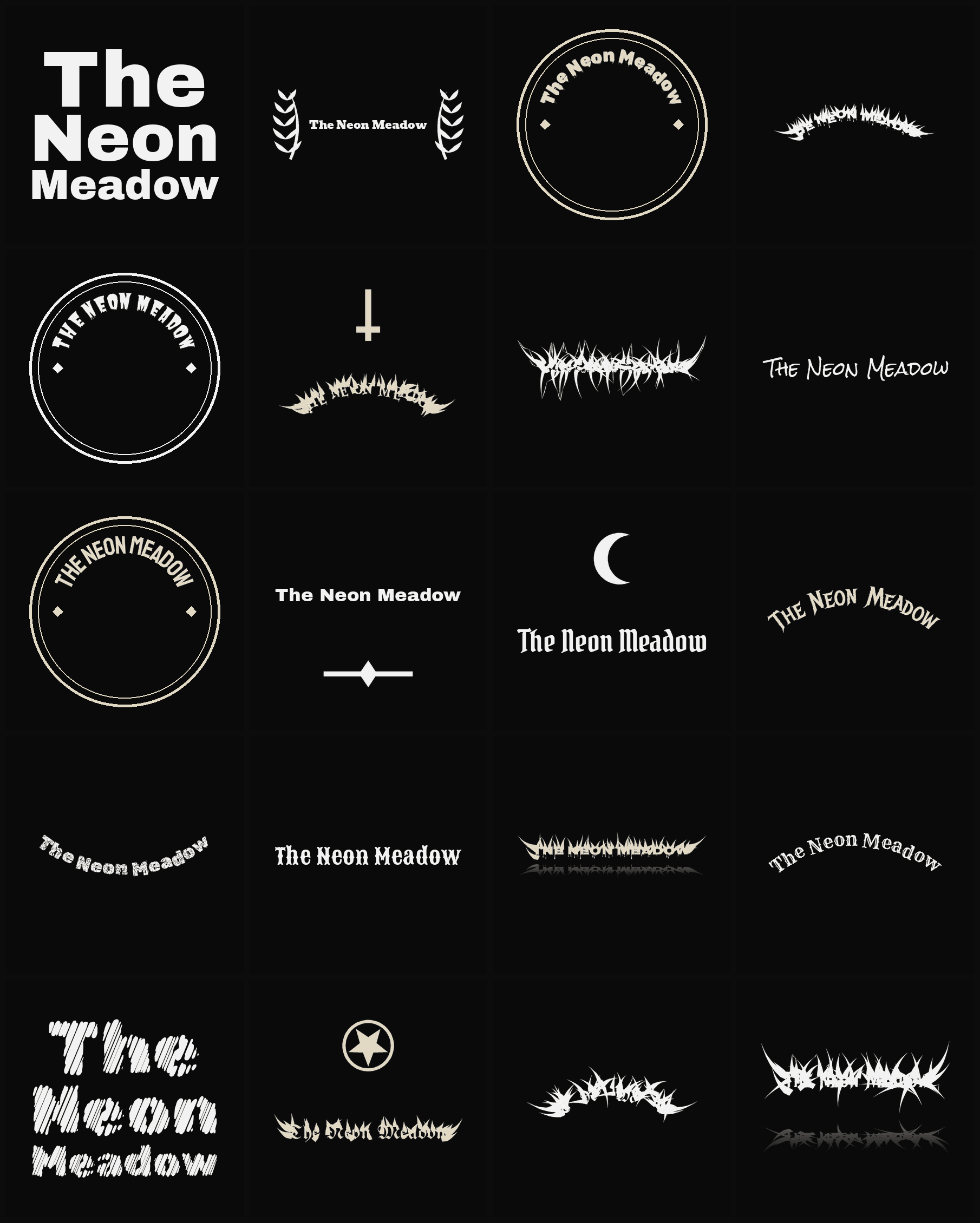 Twenty The Neon Meadow band logo ideas — different faces, treatments and spike settings