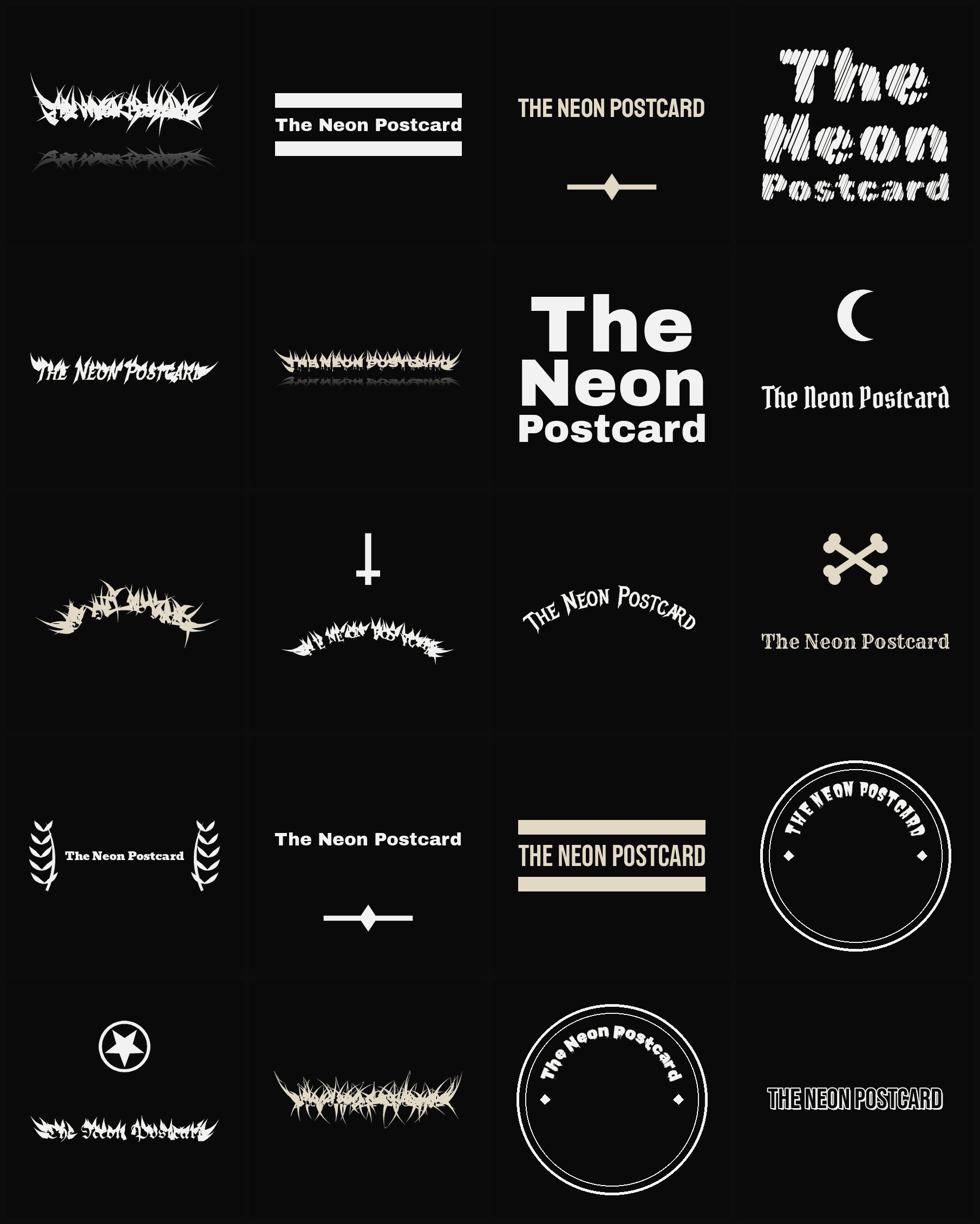 Twenty The Neon Postcard band logo ideas — different faces, treatments and spike settings
