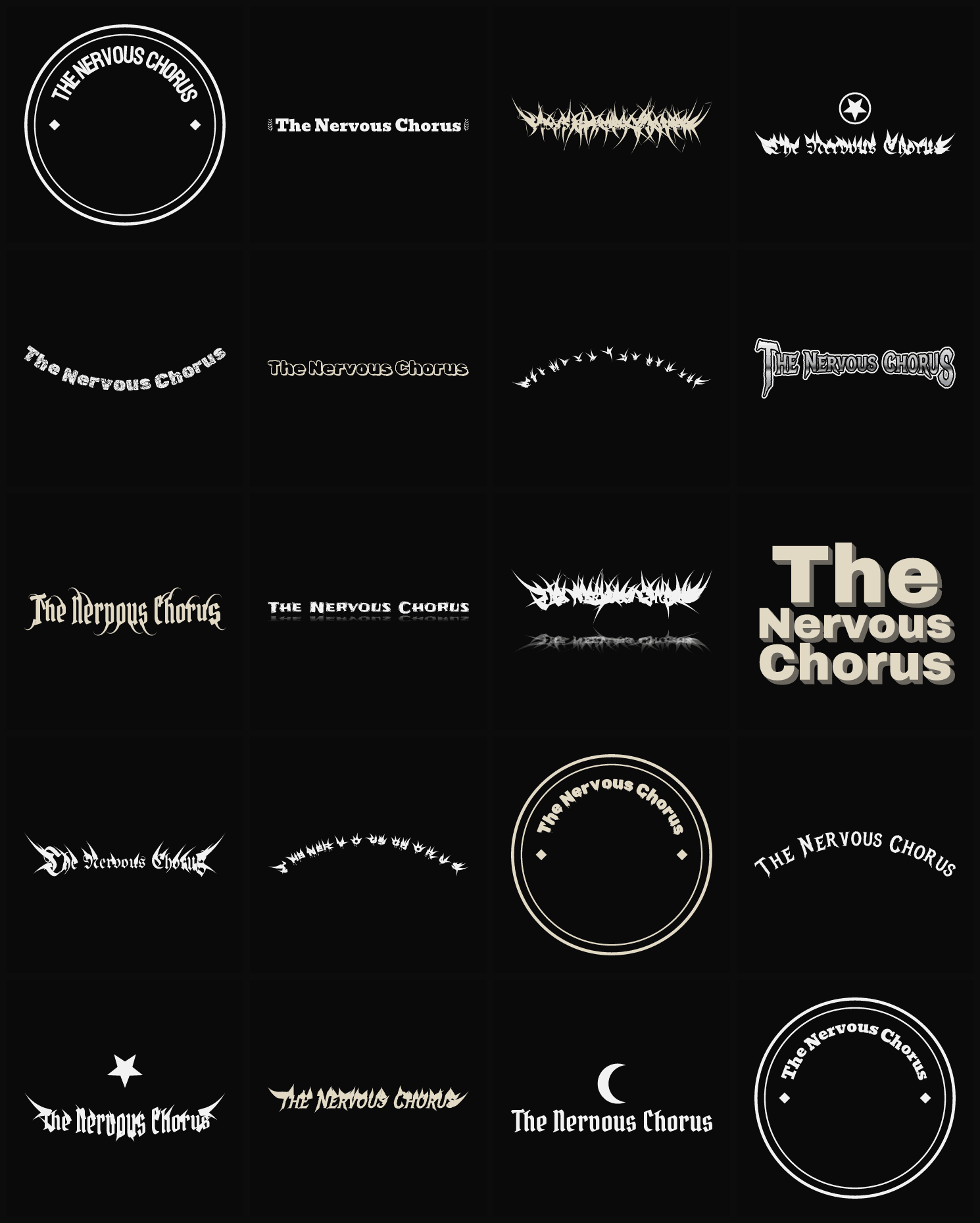 Twenty The Nervous Chorus band logo ideas — different faces, treatments and spike settings