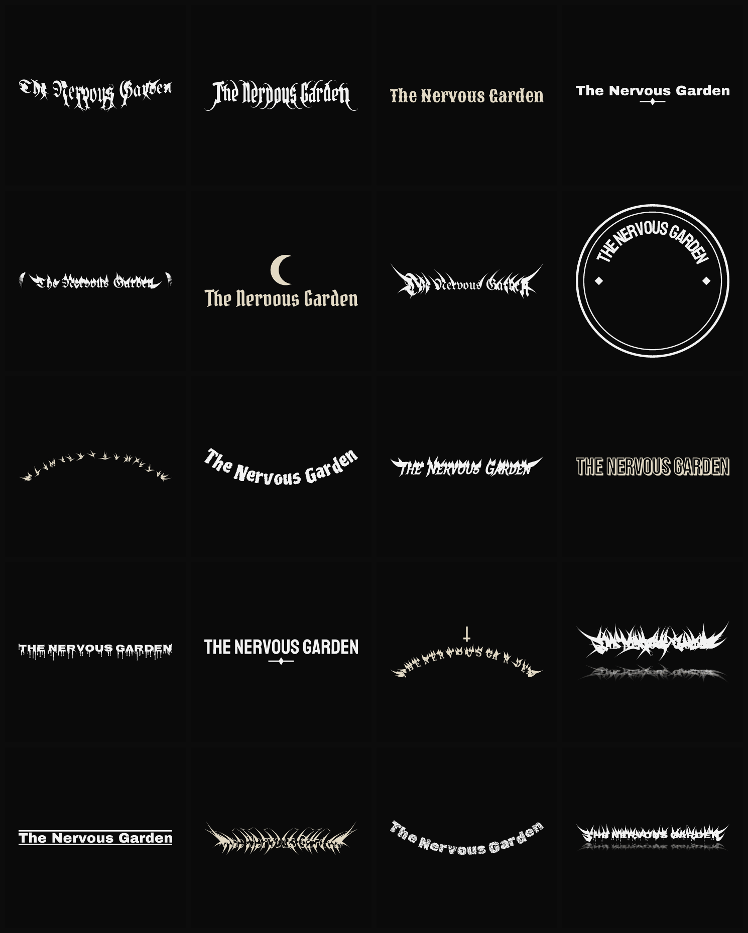 Twenty The Nervous Garden band logo ideas — different faces, treatments and spike settings