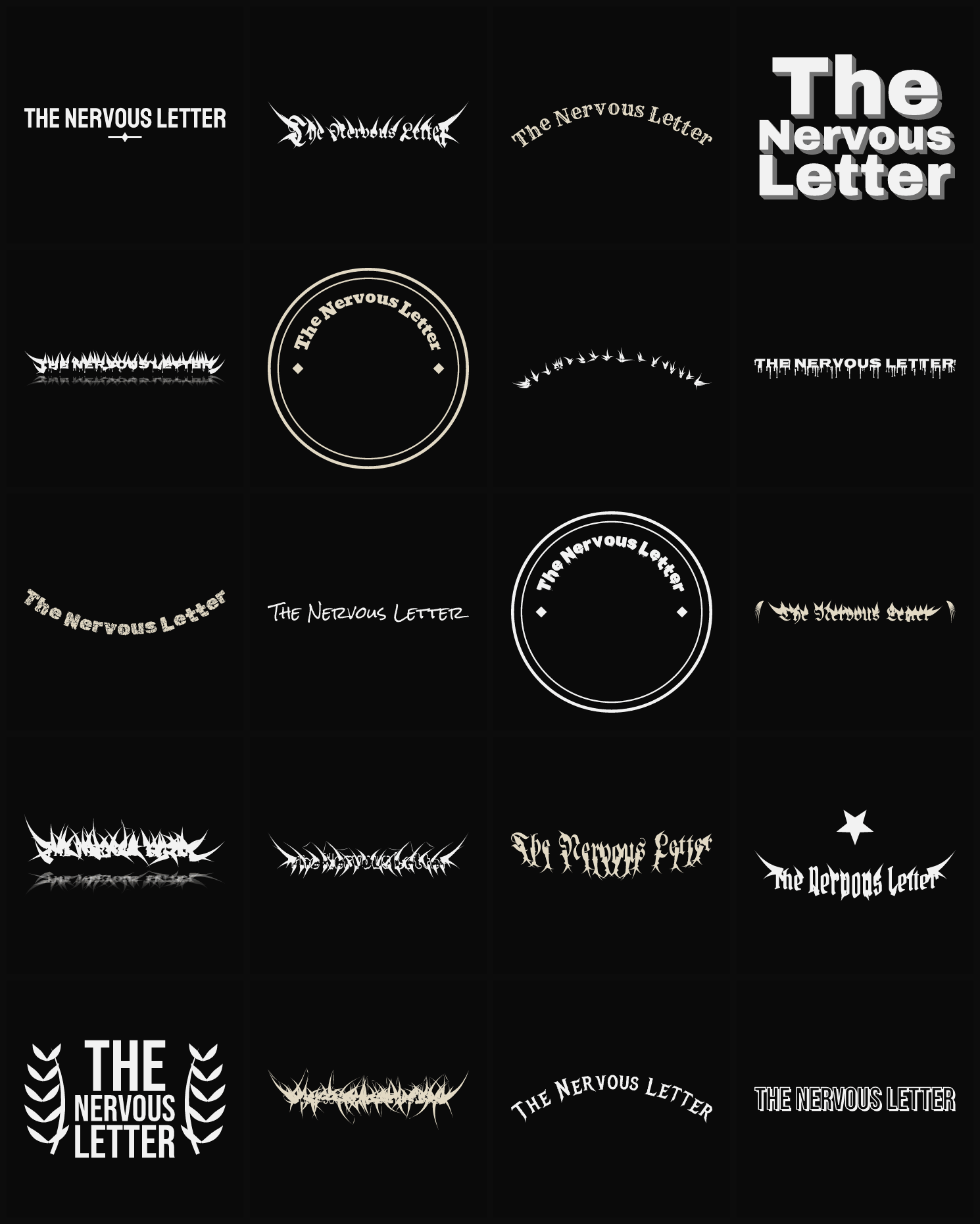 Twenty The Nervous Letter band logo ideas — different faces, treatments and spike settings