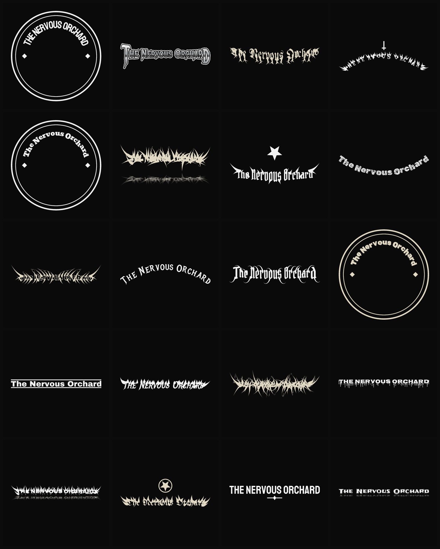 Twenty The Nervous Orchard band logo ideas — different faces, treatments and spike settings
