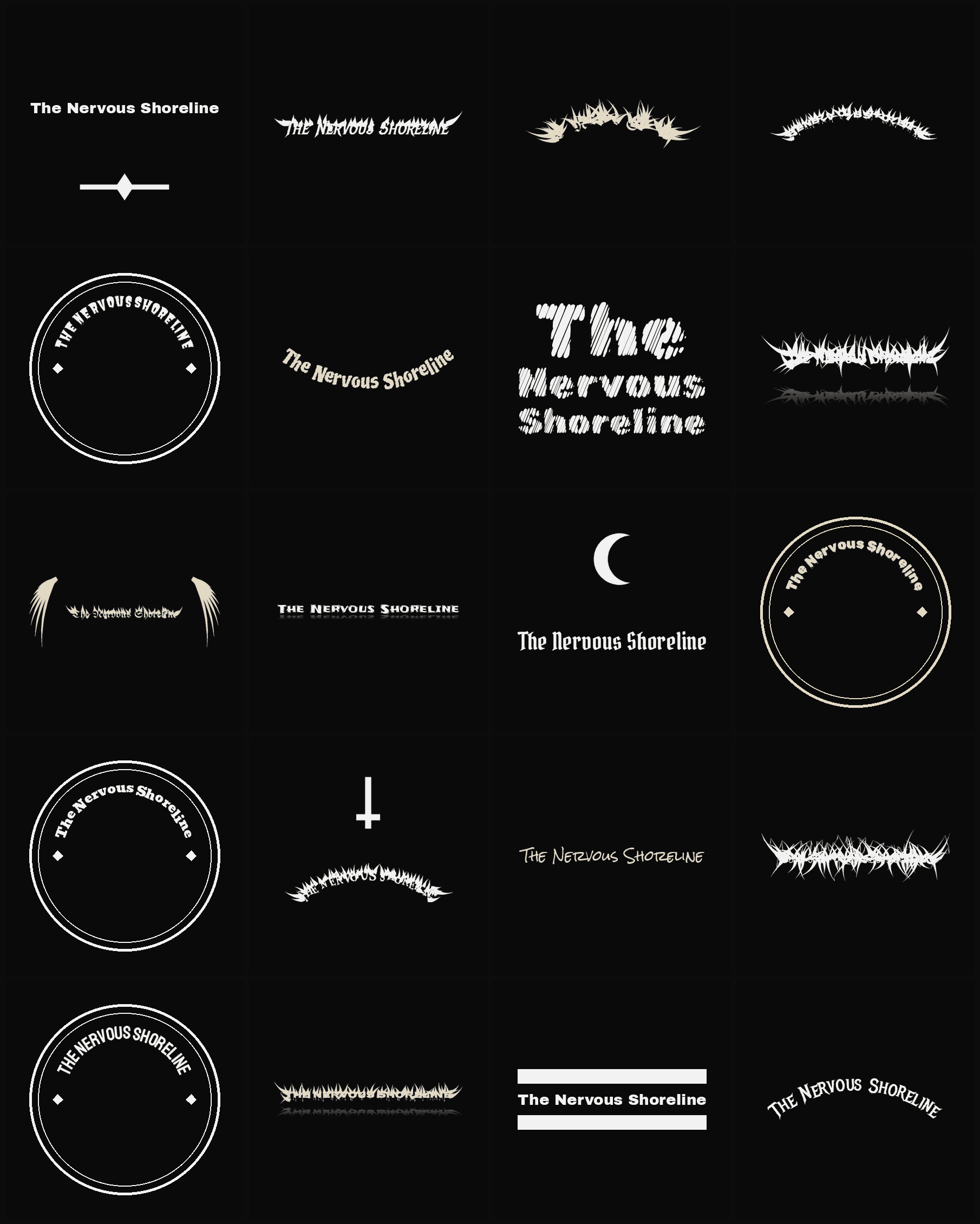 Twenty The Nervous Shoreline band logo ideas — different faces, treatments and spike settings