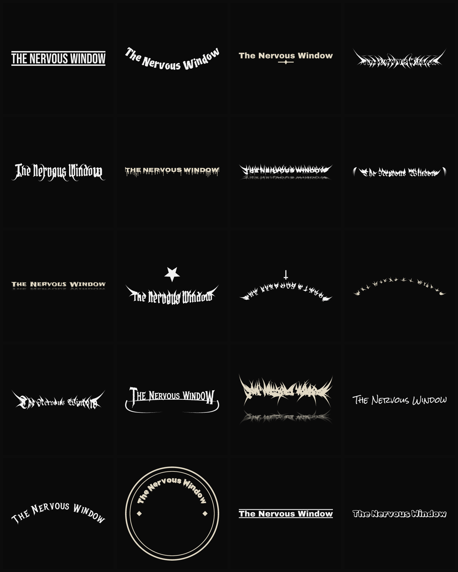 Twenty The Nervous Window band logo ideas — different faces, treatments and spike settings