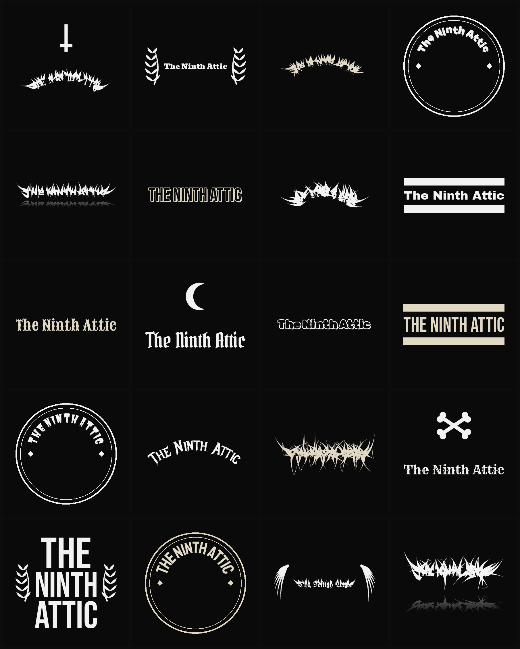 Twenty The Ninth Attic band logo ideas — different faces, treatments and spike settings