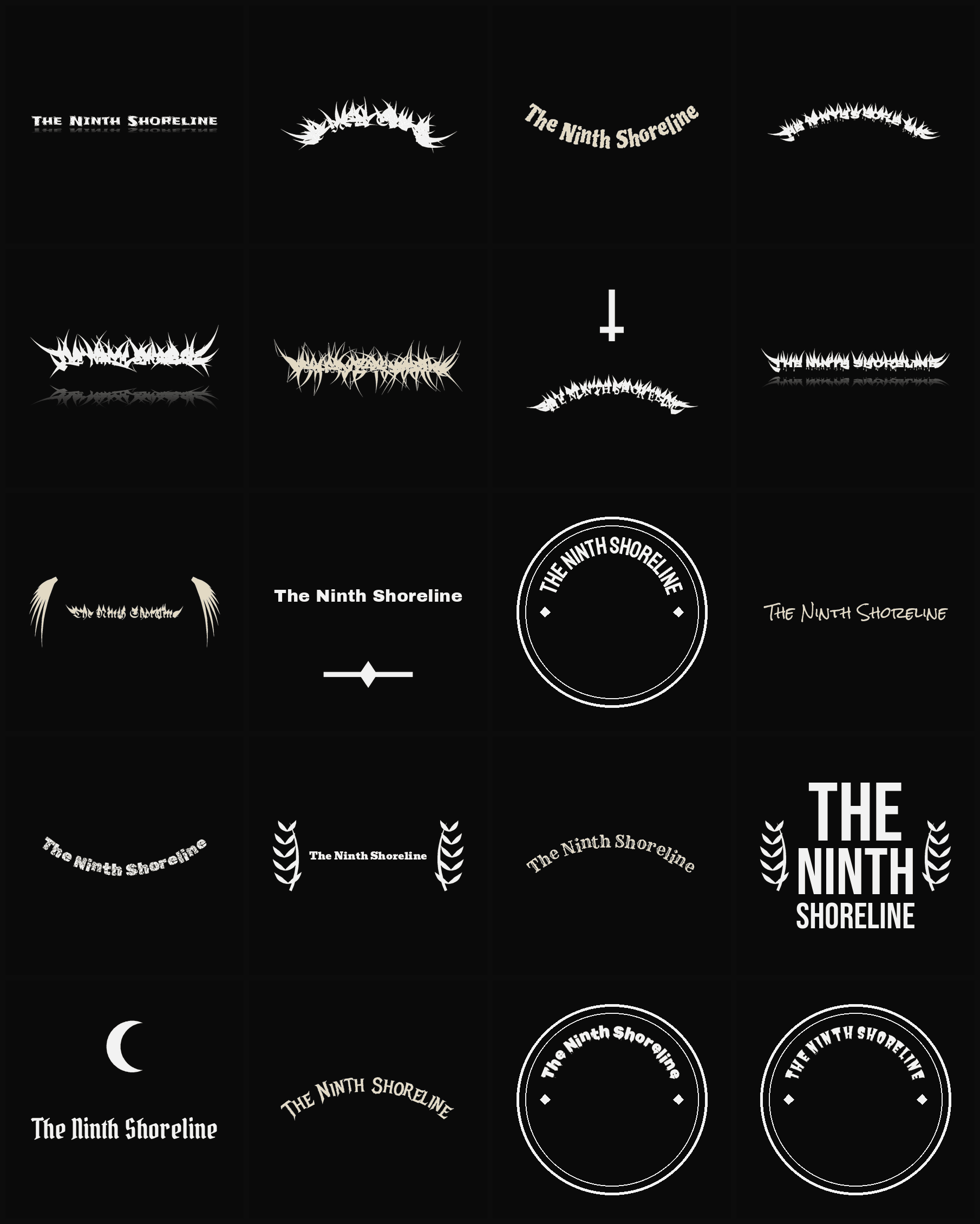 Twenty The Ninth Shoreline band logo ideas — different faces, treatments and spike settings