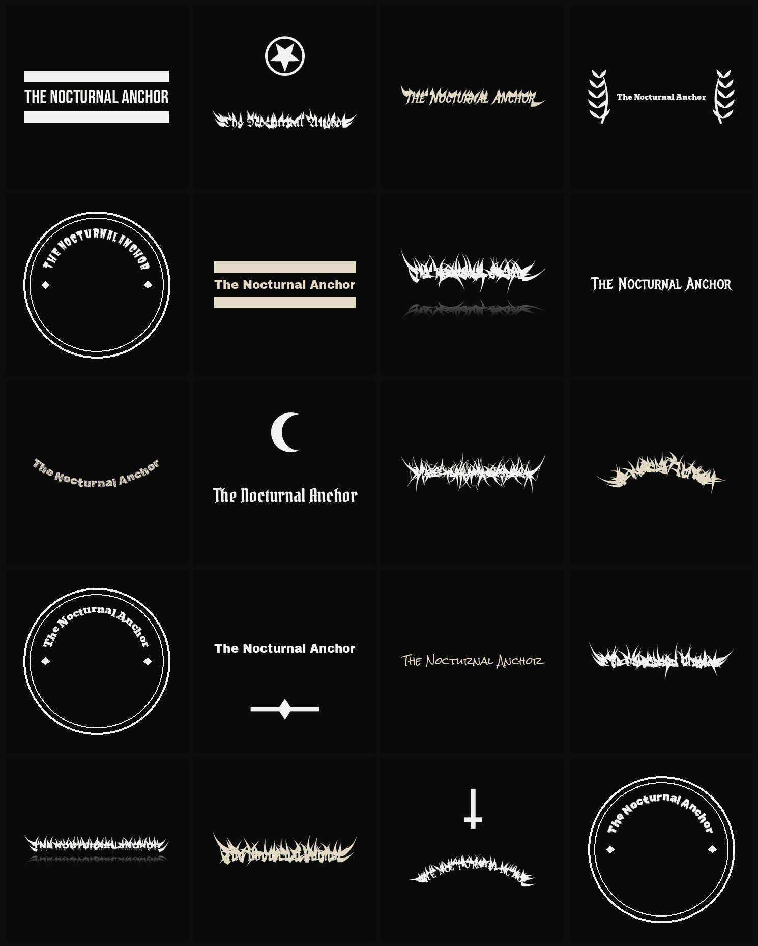 Twenty The Nocturnal Anchor band logo ideas — different faces, treatments and spike settings