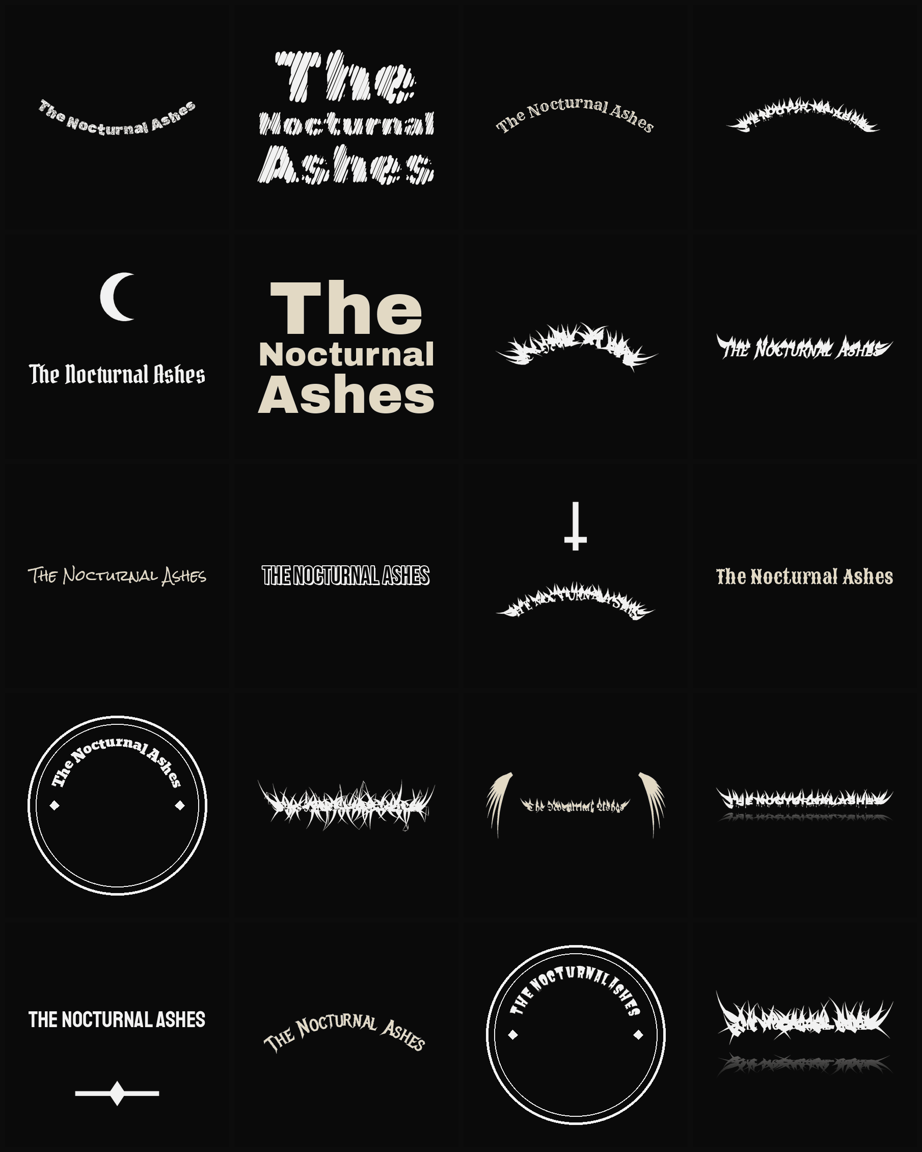 Twenty The Nocturnal Ashes band logo ideas — different faces, treatments and spike settings