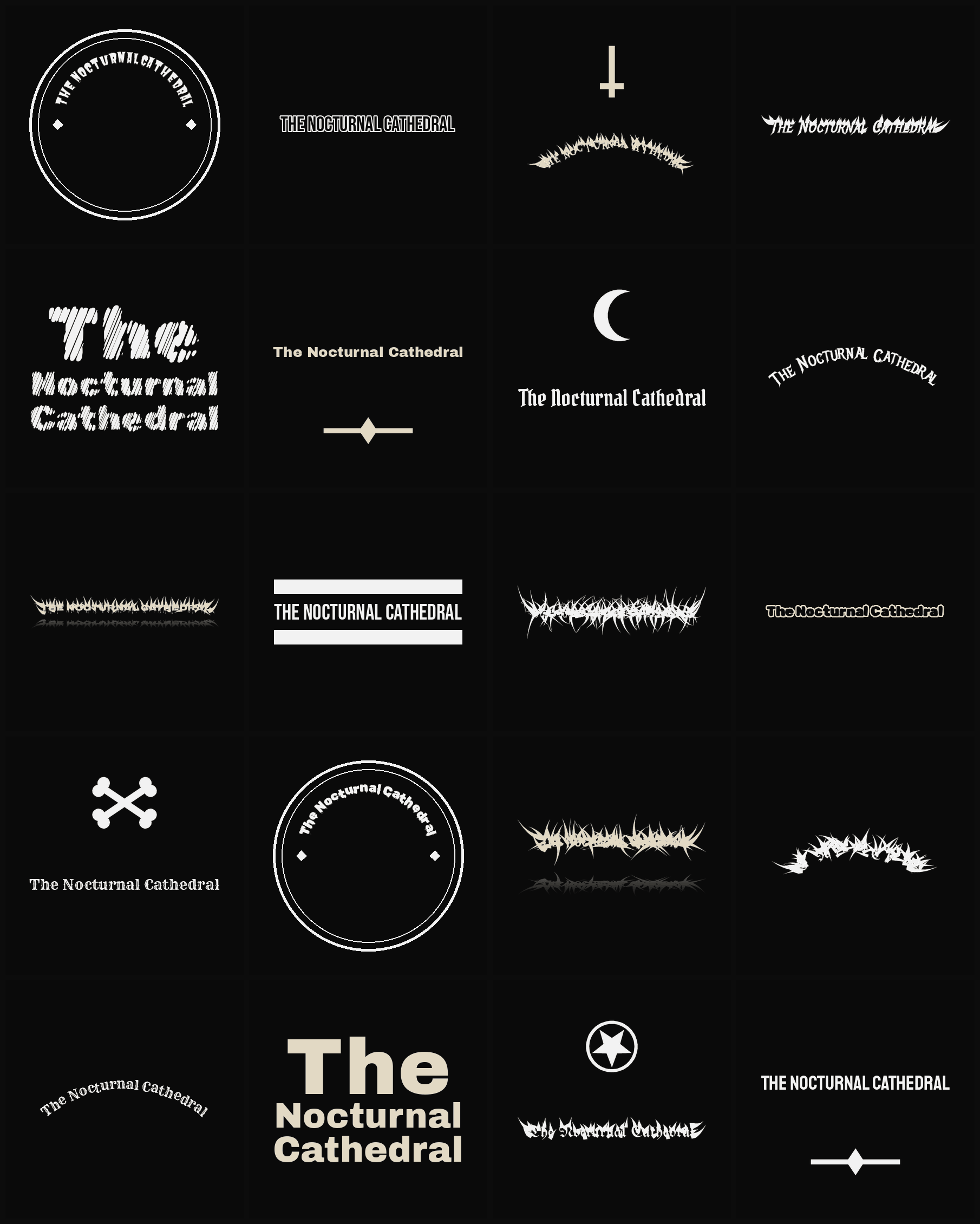 Twenty The Nocturnal Cathedral band logo ideas — different faces, treatments and spike settings