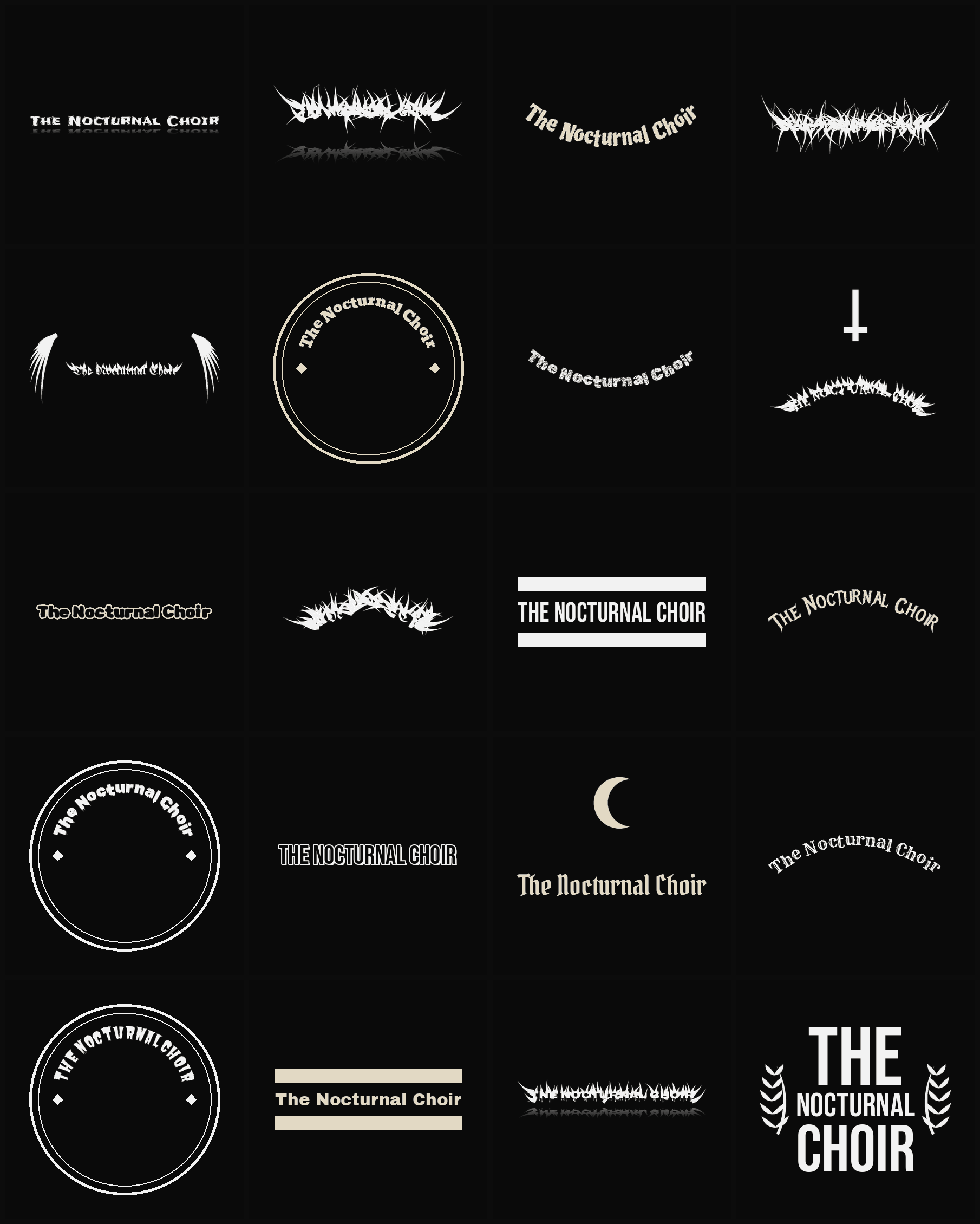 Twenty The Nocturnal Choir band logo ideas — different faces, treatments and spike settings