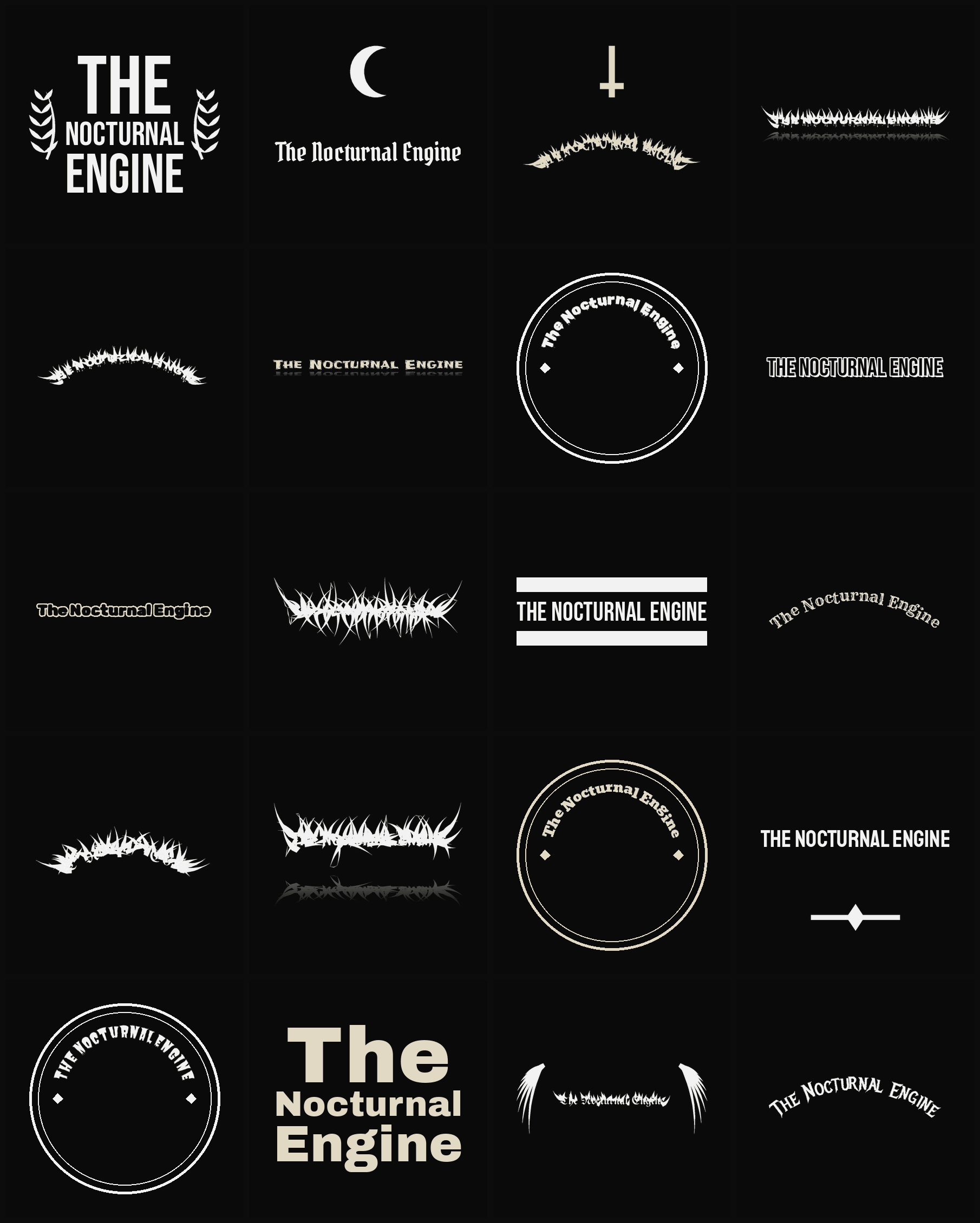 Twenty The Nocturnal Engine band logo ideas — different faces, treatments and spike settings