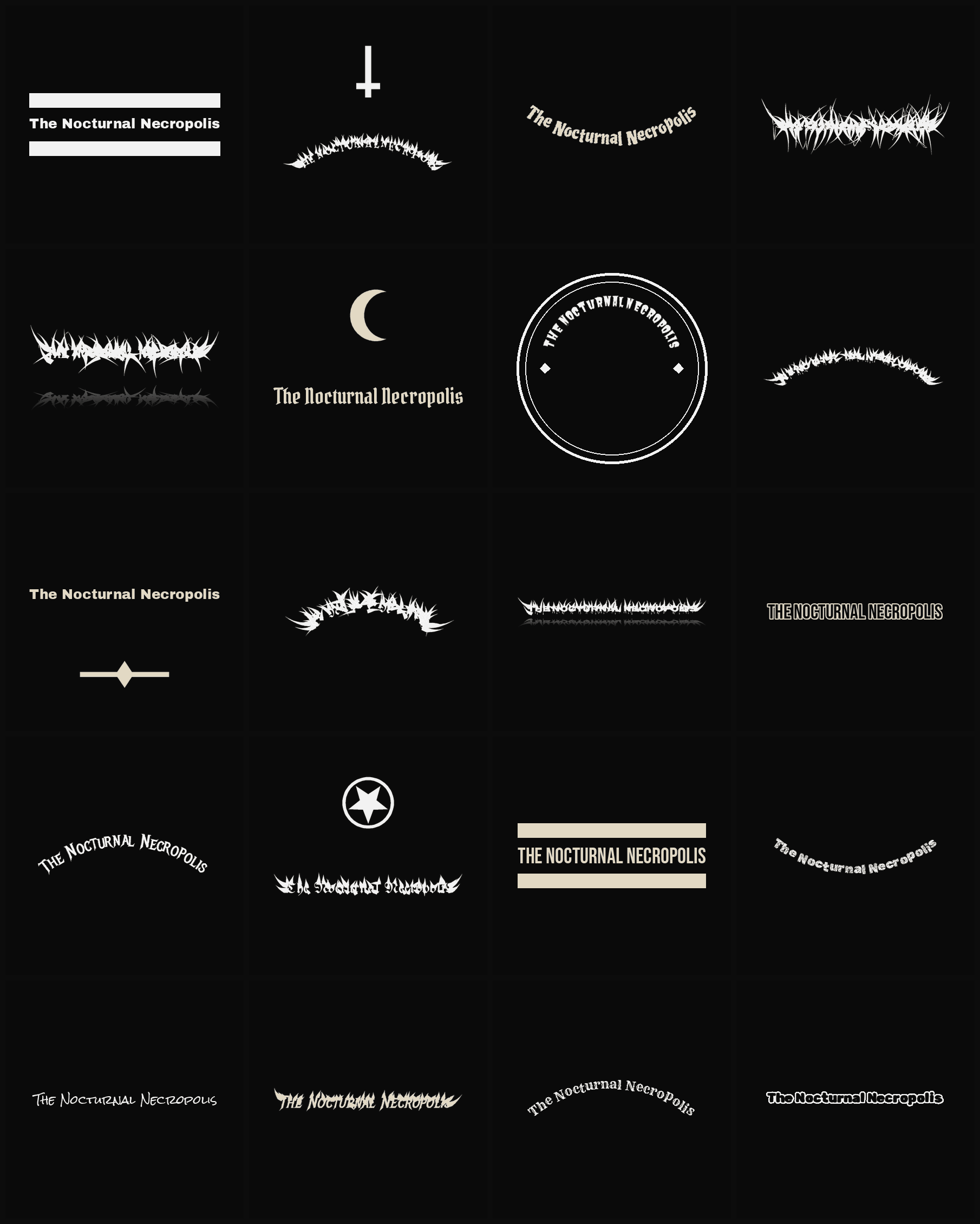 Twenty The Nocturnal Necropolis band logo ideas — different faces, treatments and spike settings