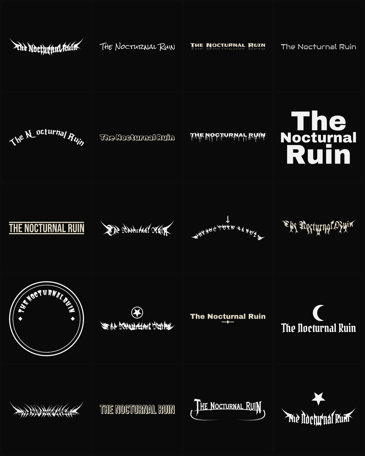 Twenty The Nocturnal Ruin band logo ideas — different faces, treatments and spike settings