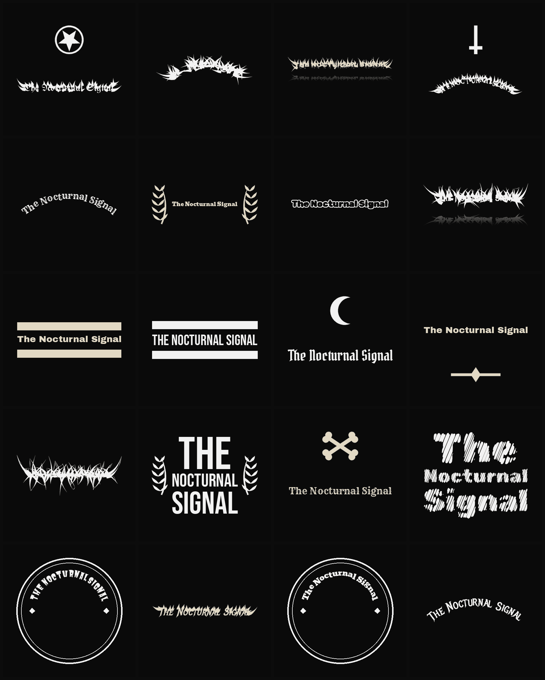 Twenty The Nocturnal Signal band logo ideas — different faces, treatments and spike settings