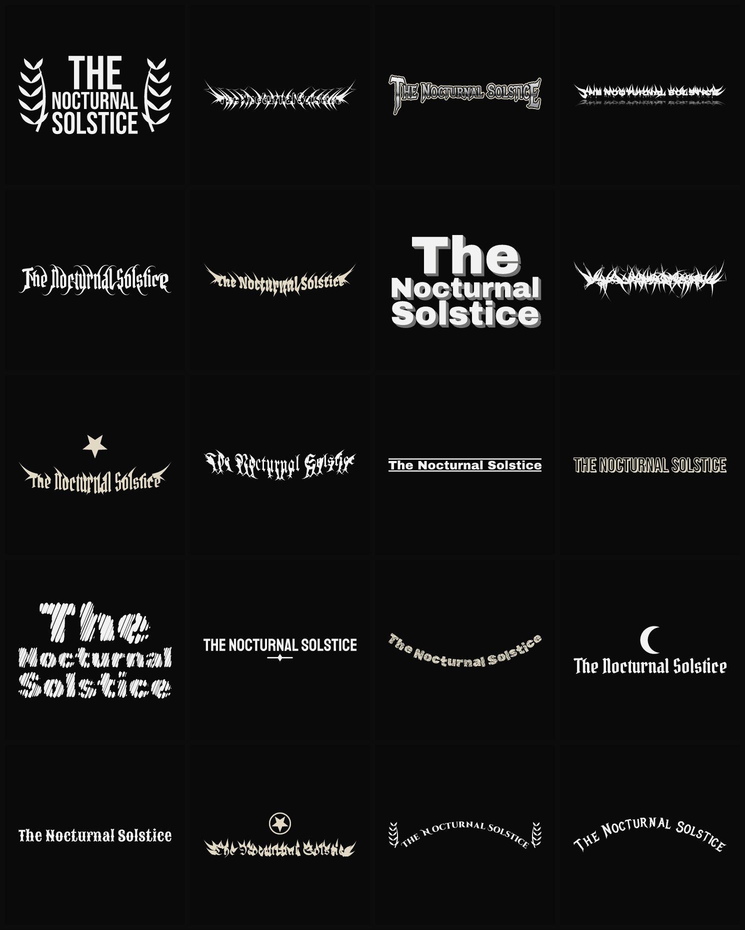 Twenty The Nocturnal Solstice band logo ideas — different faces, treatments and spike settings