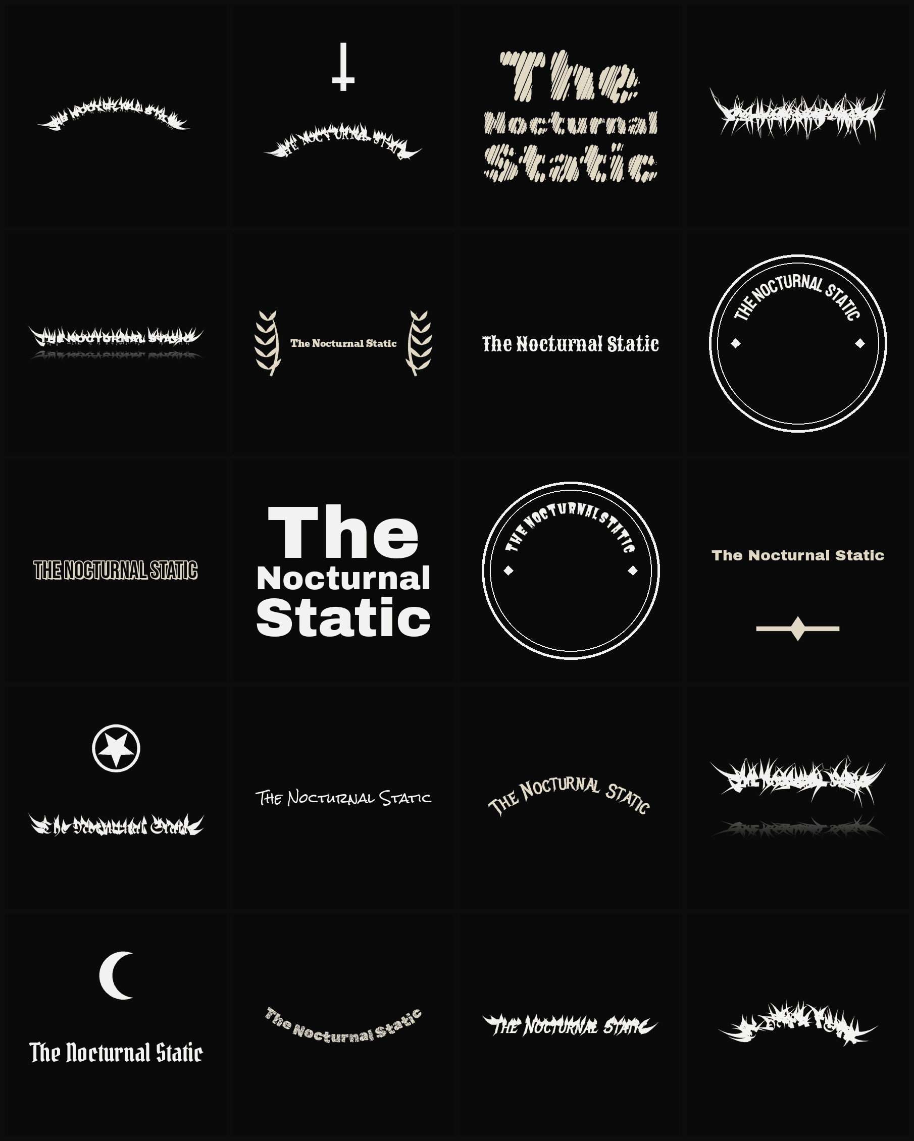 Twenty The Nocturnal Static band logo ideas — different faces, treatments and spike settings