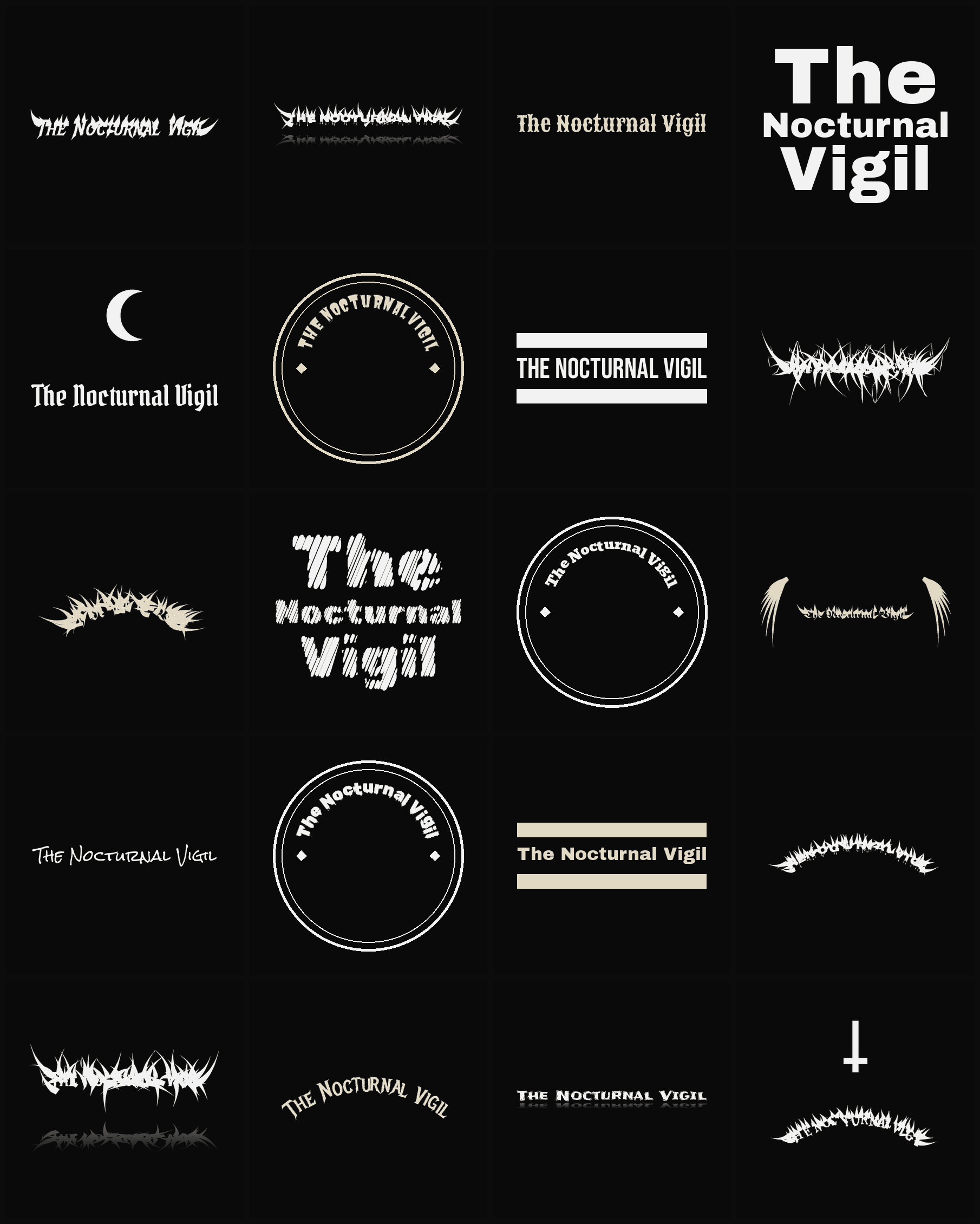 Twenty The Nocturnal Vigil band logo ideas — different faces, treatments and spike settings