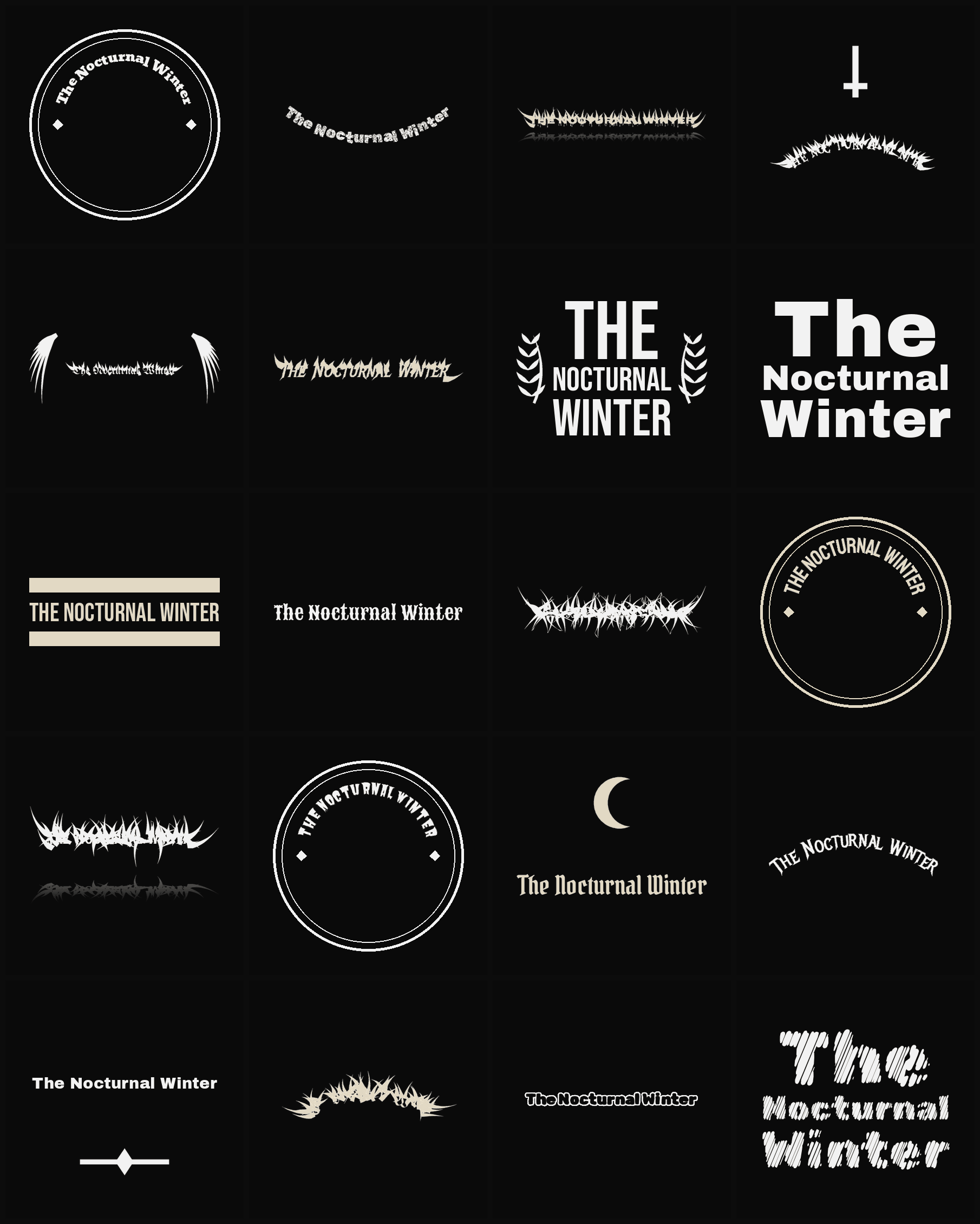 Twenty The Nocturnal Winter band logo ideas — different faces, treatments and spike settings