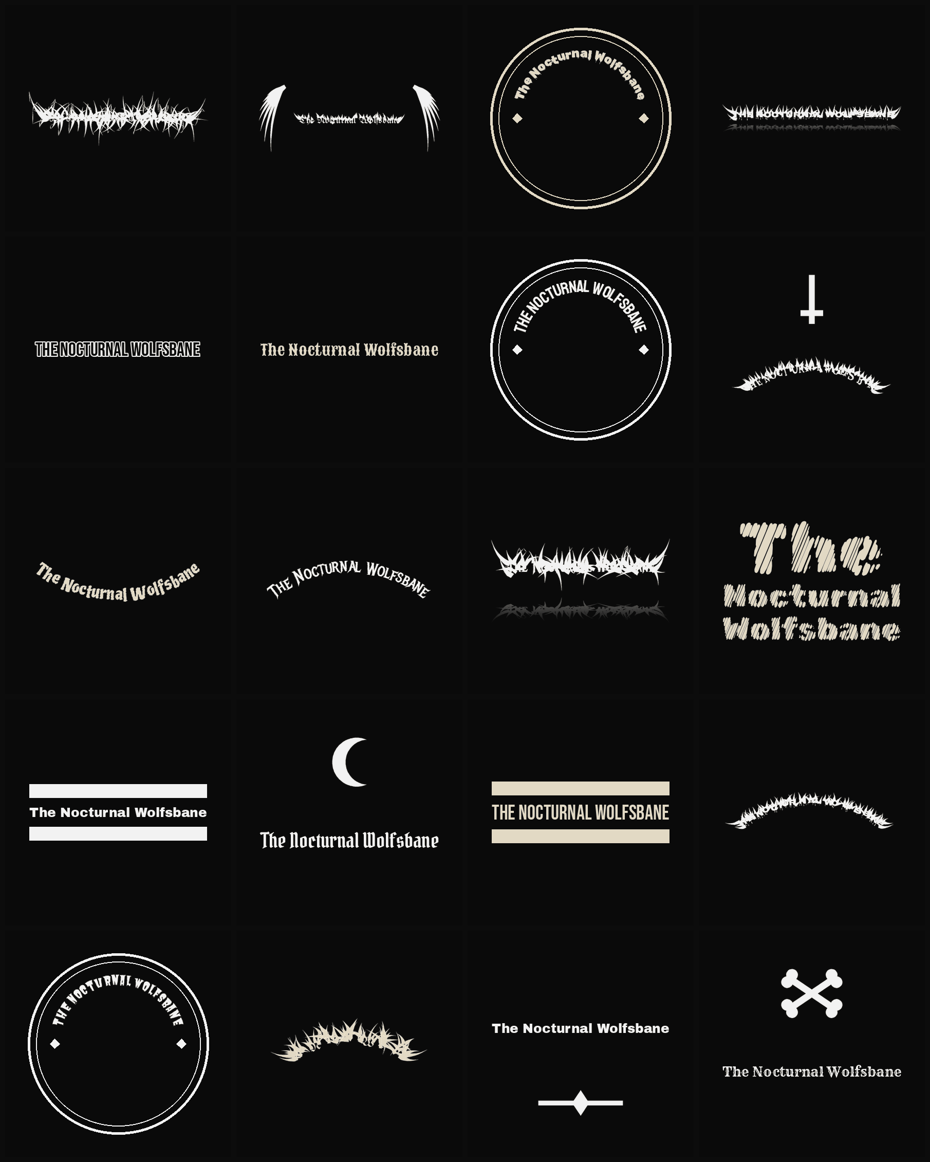 Twenty The Nocturnal Wolfsbane band logo ideas — different faces, treatments and spike settings