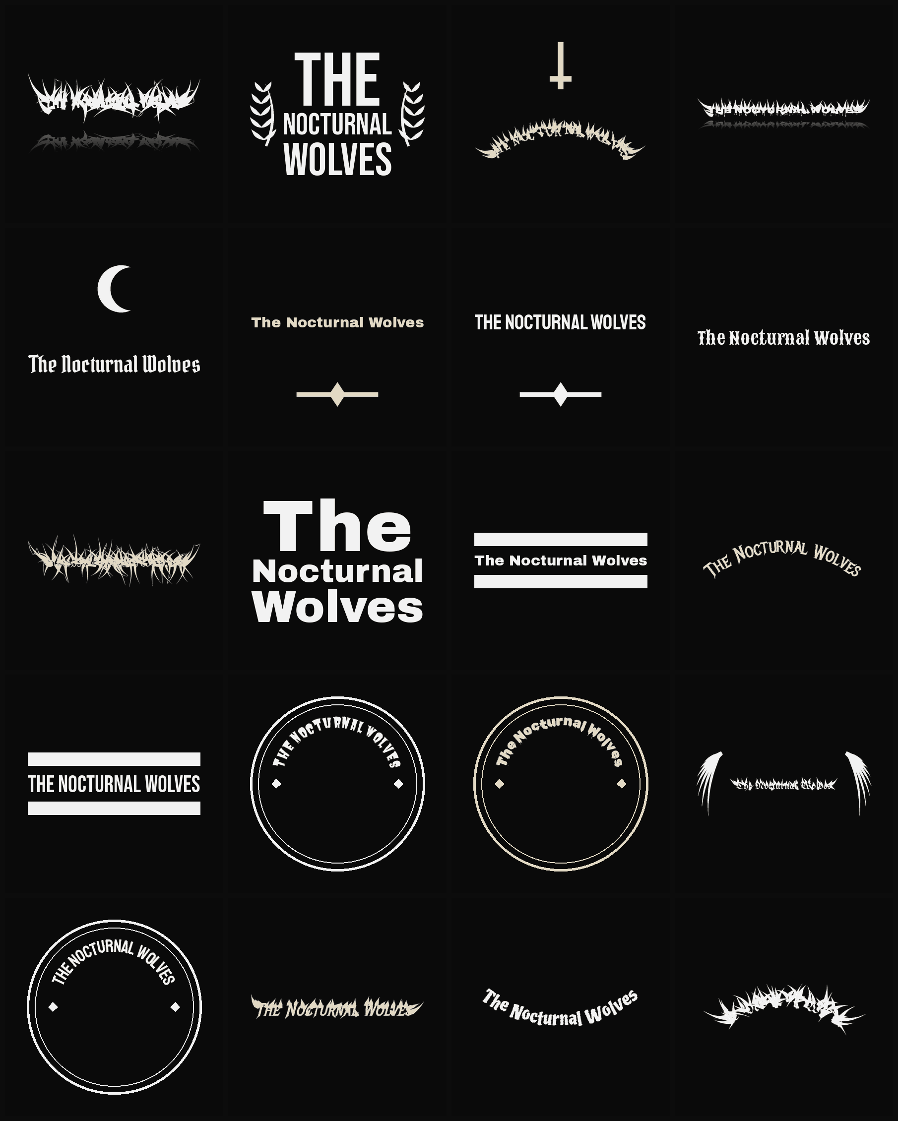 Twenty The Nocturnal Wolves band logo ideas — different faces, treatments and spike settings